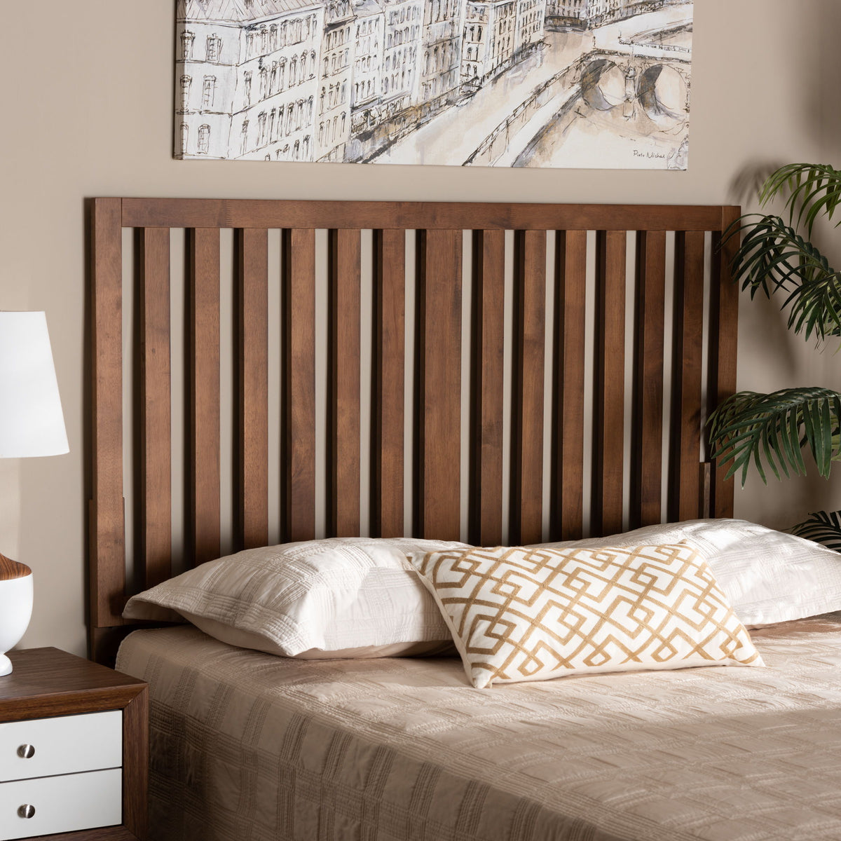 Oren Modern and Transitional Ash Walnut Finished Wood Queen Size Headboard