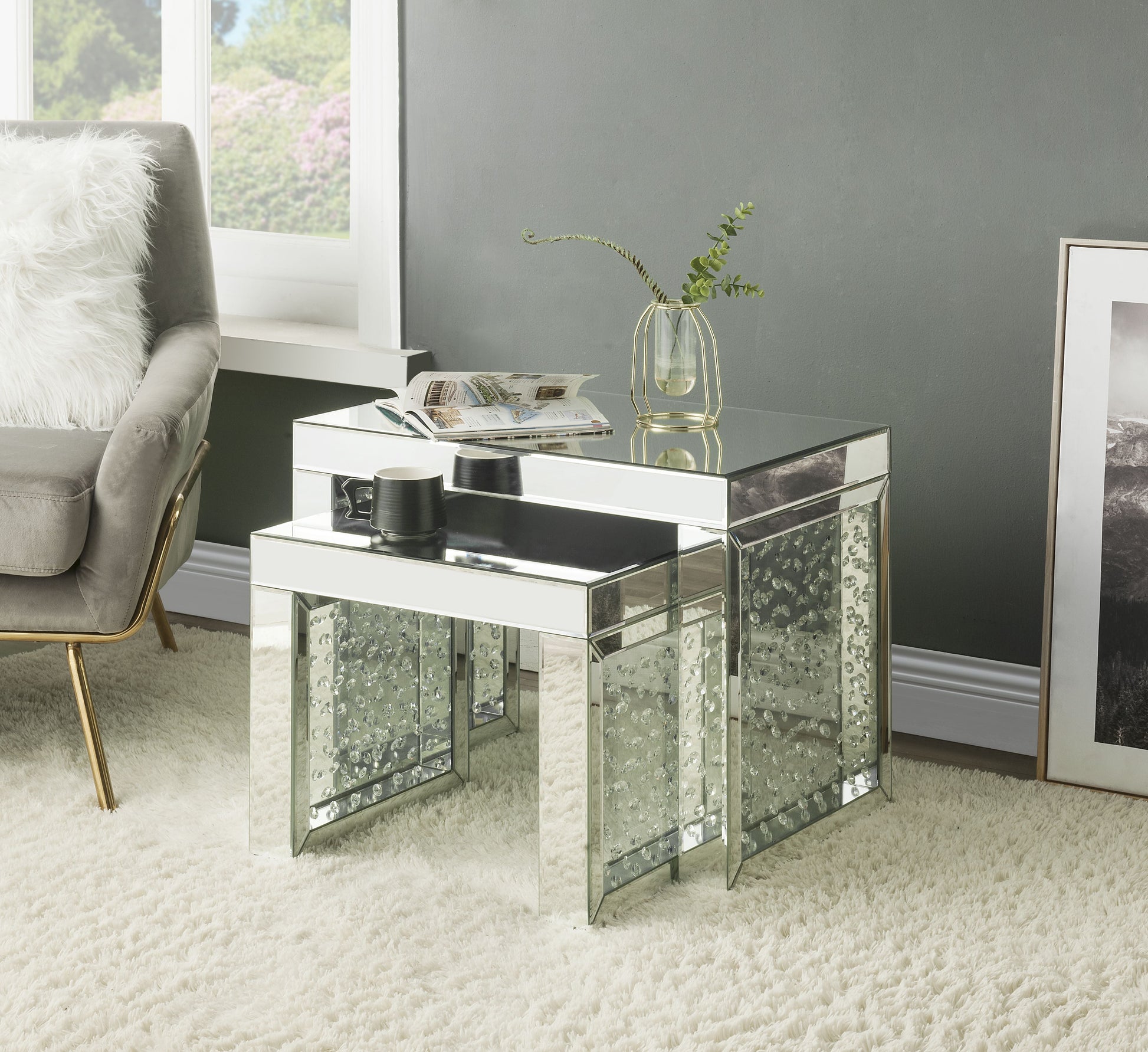 ACME Nysa - Accent Table - Mirrored & Faux Crystals Inlay - 16" | Meri Furniture