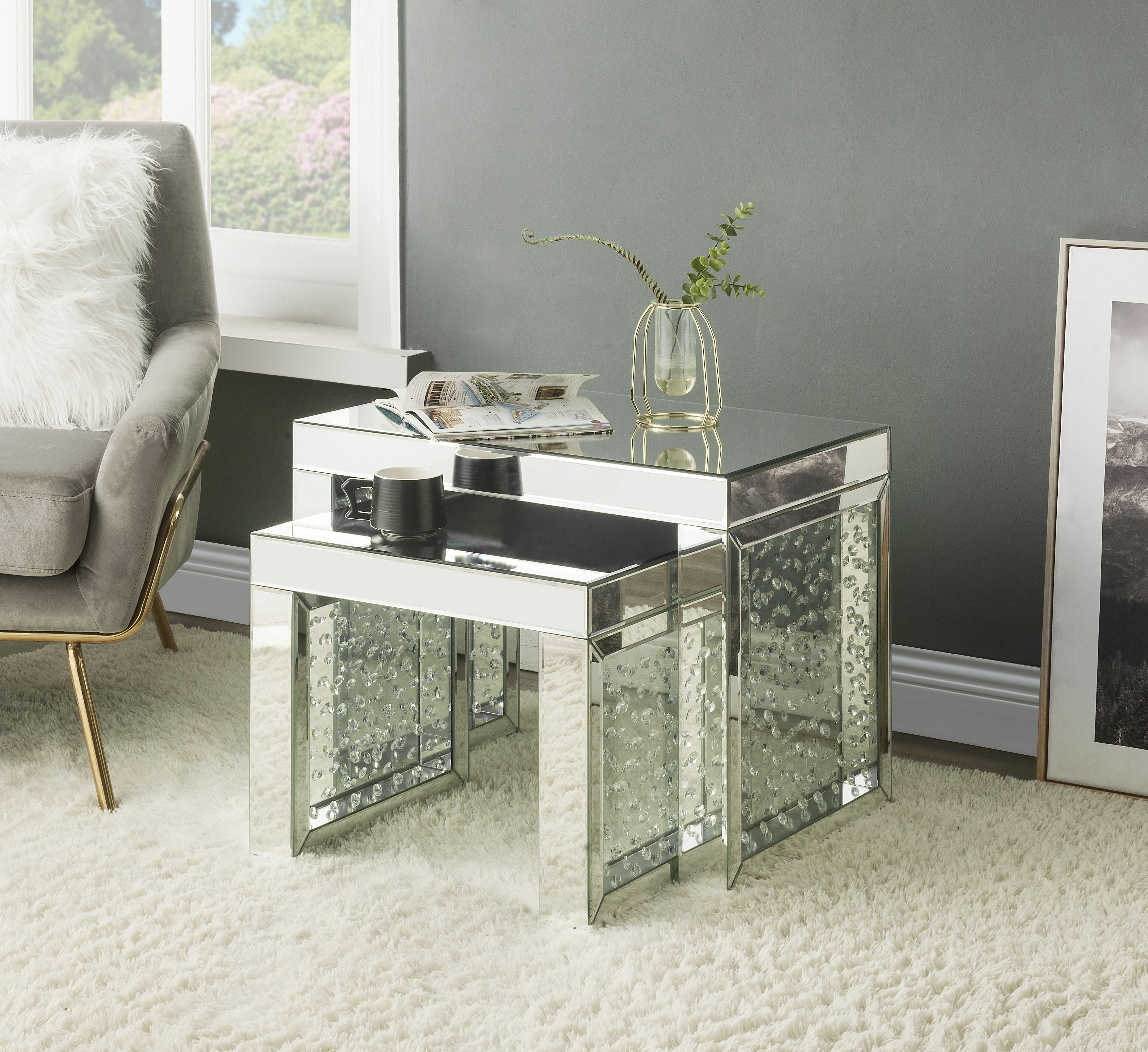 ACME Nysa - Accent Table - Mirrored & Faux Crystals Inlay - 16" | Meri Furniture
