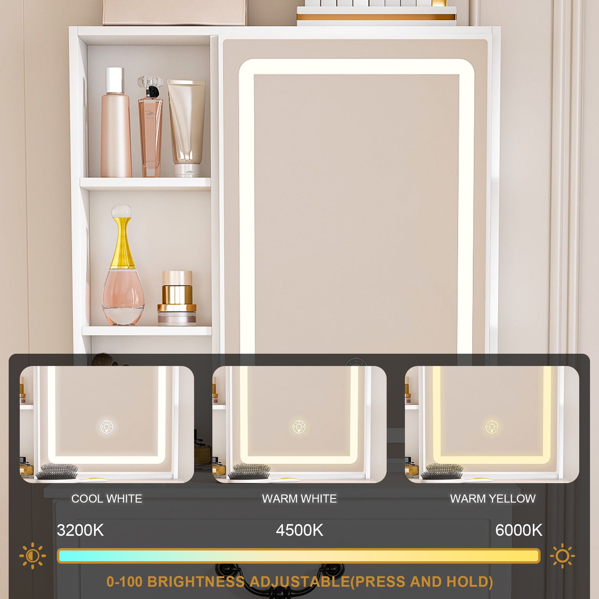 Modern Mini Dressing Table With Led-Lit Mirror & Hidden Storage, Adjustable Brightness Vanity Desk - White