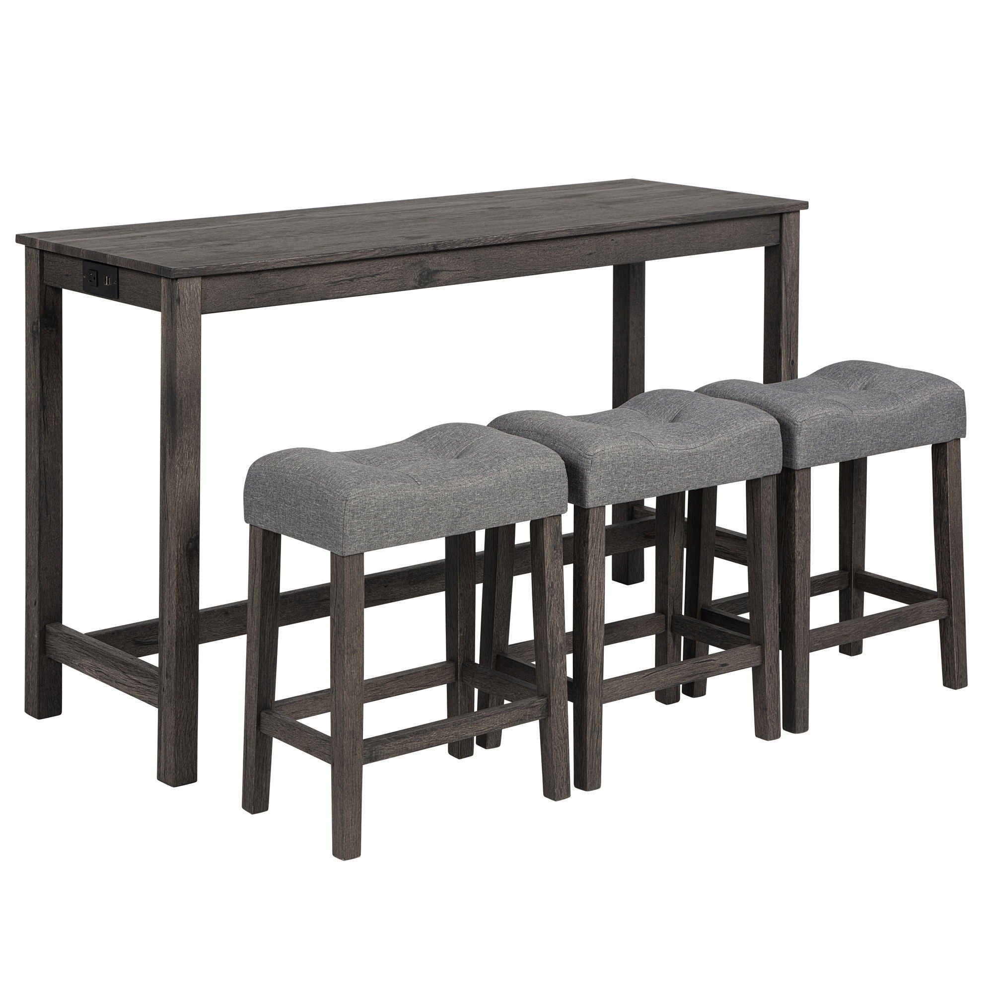 4 Piece Bar Table Set With Power Outlet, 3 Padded Stools