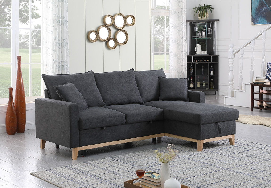 Colton 84.25"W Dark Gray Woven Reversible Sleeper Sectional Sofa with Storage Chaise