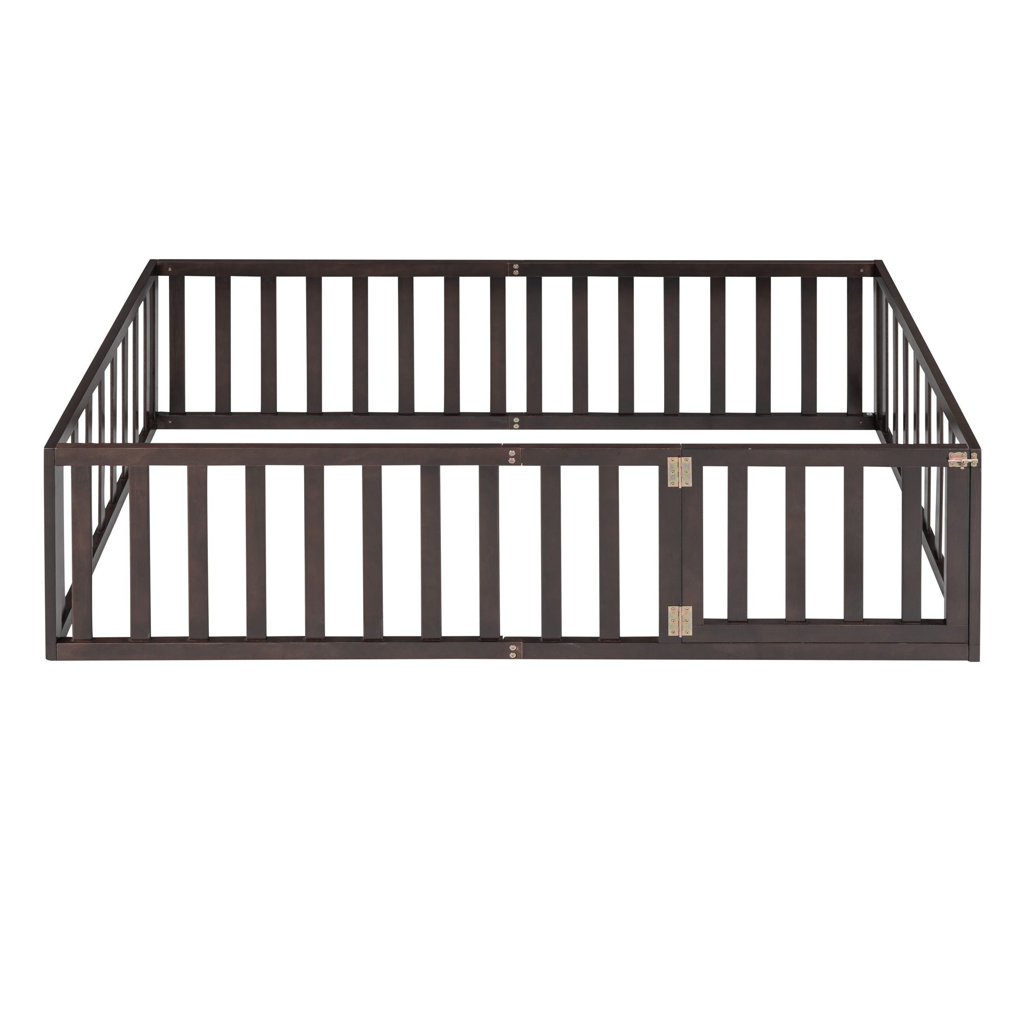 Twin Size Floor Bed Frame With Fence And Door - Walnut