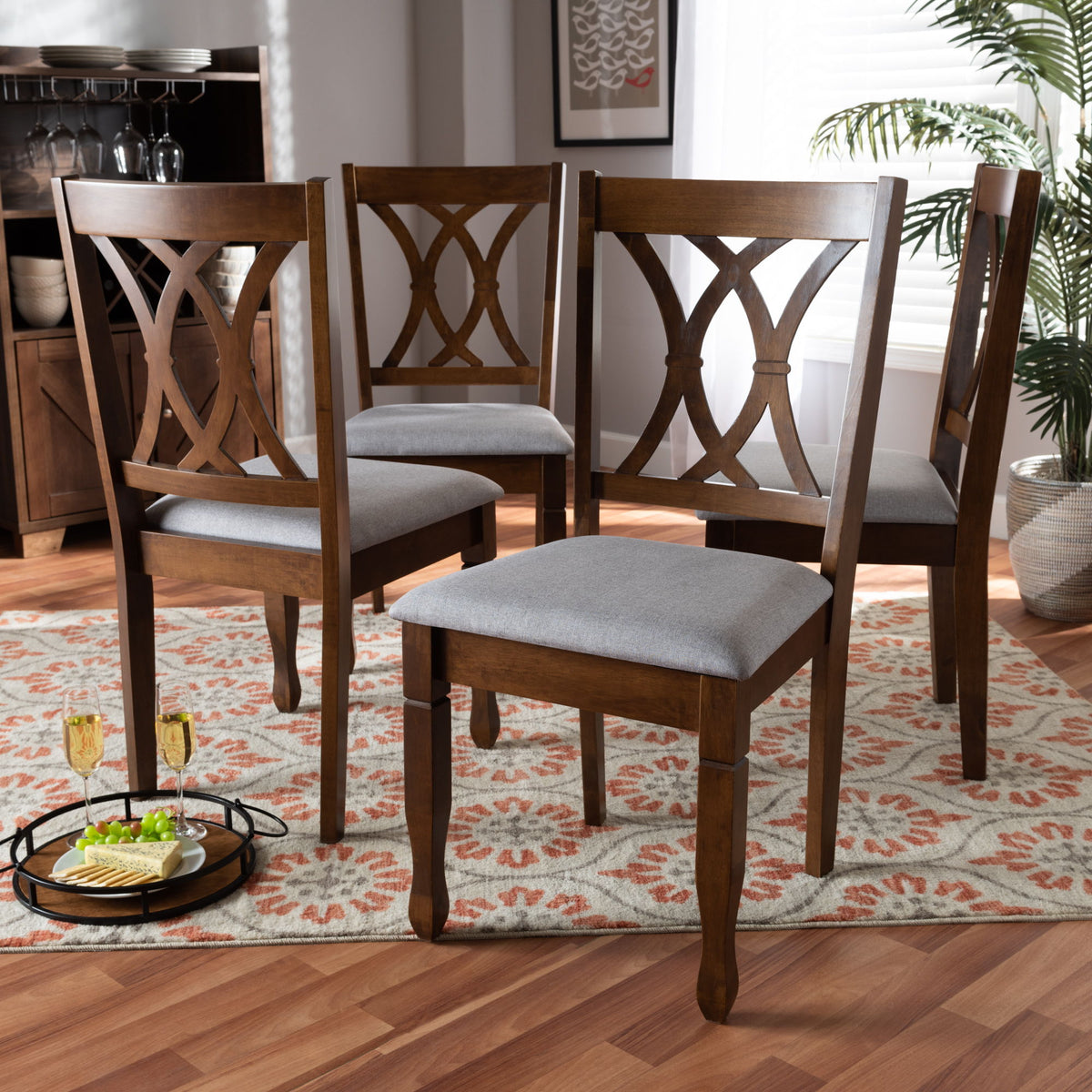 Augustine Modern and Contemporary Grey Fabric Upholstered and Walnut Brown Finished Wood 4-Piece Dining Chair Set Set