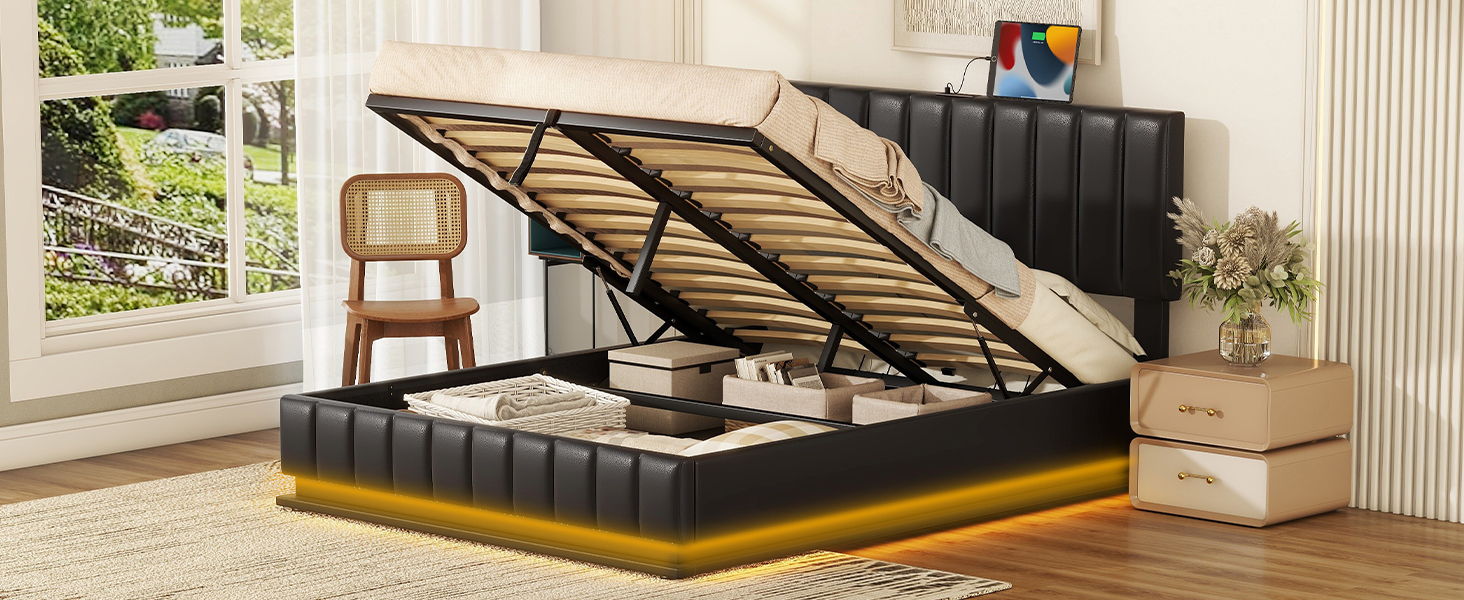 Upholstered Bed With Hydraulic Storage System And LED Light, With Sockets And USB Ports