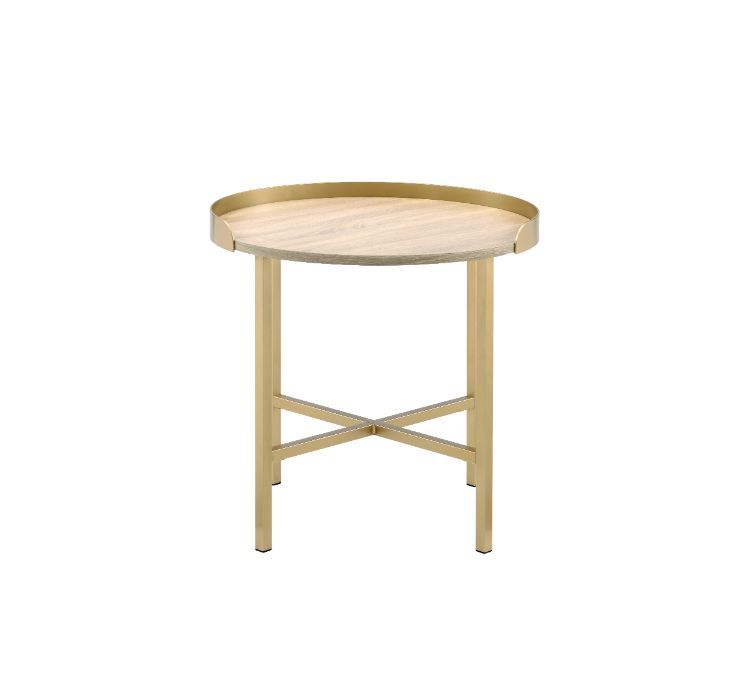 ACME Mithea - End Table - Oak Table Top & Gold Finish | Meri Furniture
