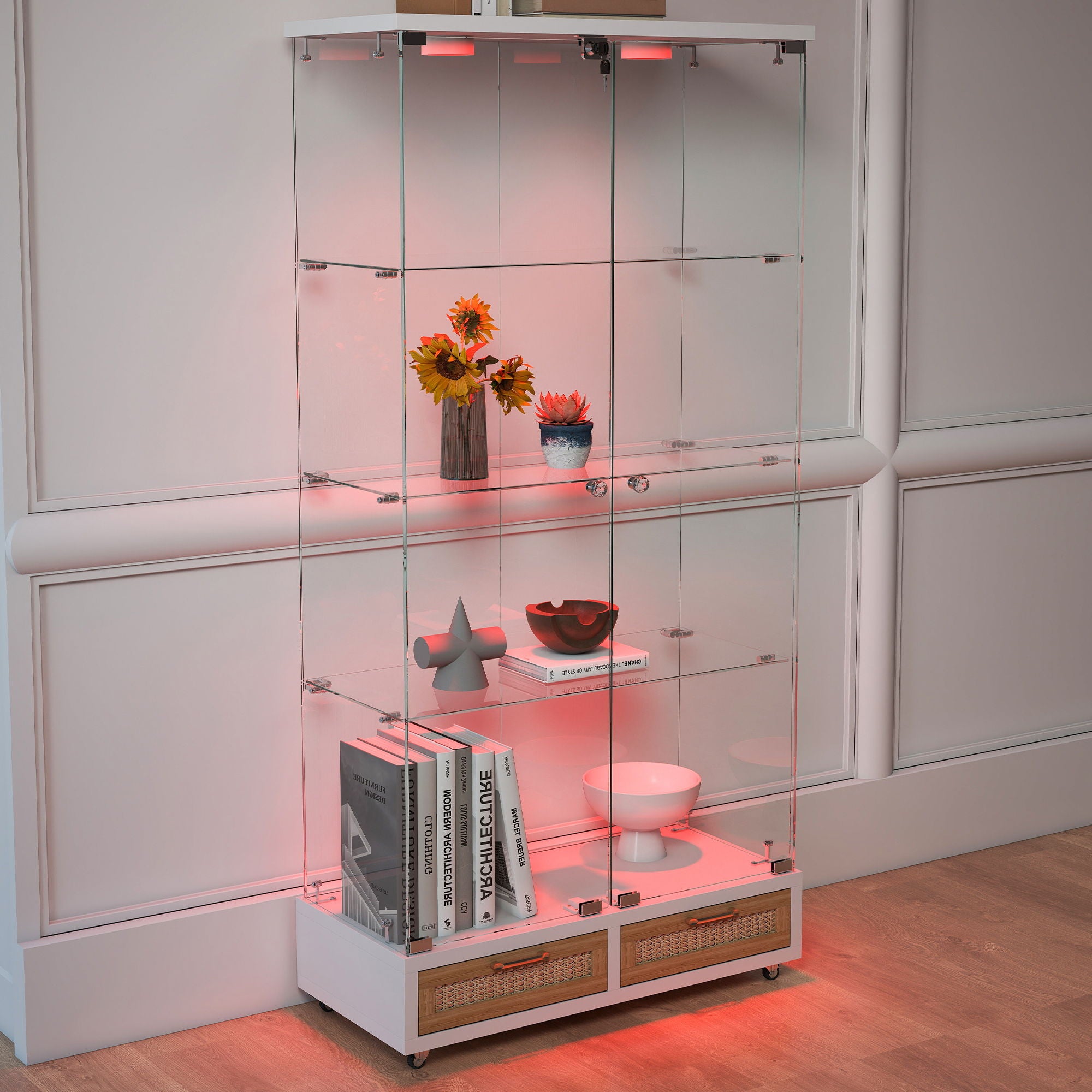 Glass Display Cabinet With LED Lights, Tempered Glass Doors, Large Drawers, 2 Door Storage Case With 4 Shelves - Natural / White
