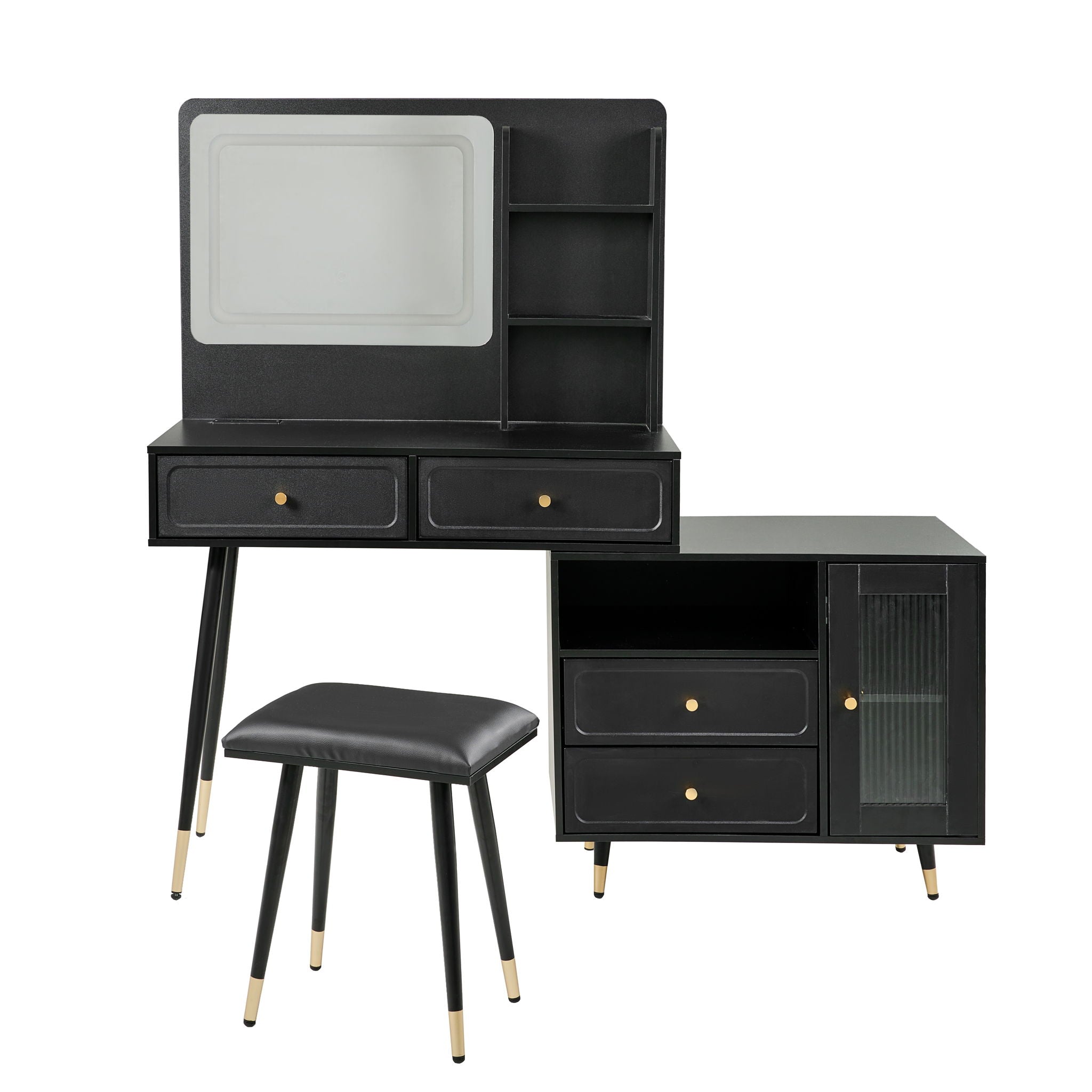 Modern Makeup Vanity Desk With Mirror And Lights Retractable Design Engineered Wood - Black