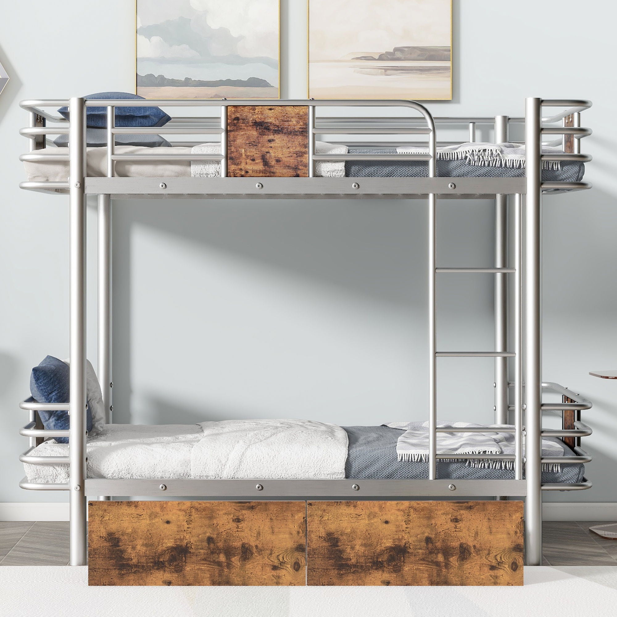 Twin Long Over Twin Long Bunk Bed With Guardrail And 2 Storage Drawers - Silver