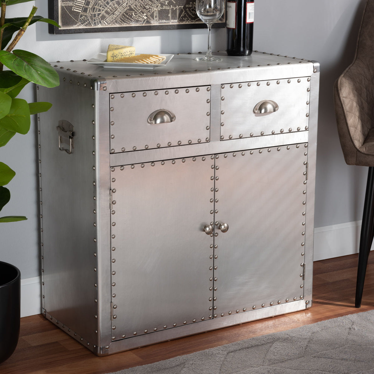 Serge French Industrial Silver Metal 2-Door Accent Storage Cabinet