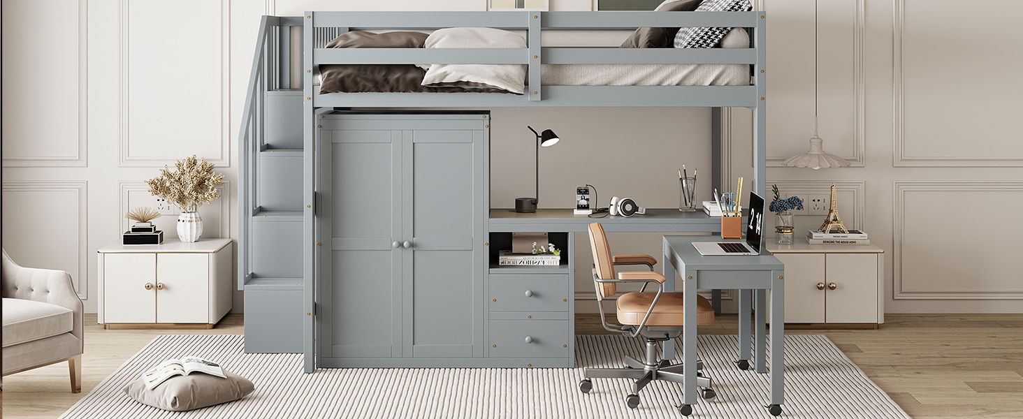Loft Bed With Stairs, Bookshelf, Drawers, Desk & Wardrobe, Space Saving Multifunctional Furniture