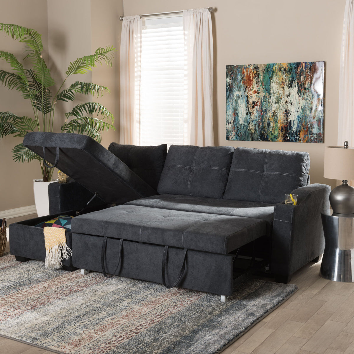 Lianna Modern and Contemporary Dark Grey Fabric Upholstered Sectional Sofa