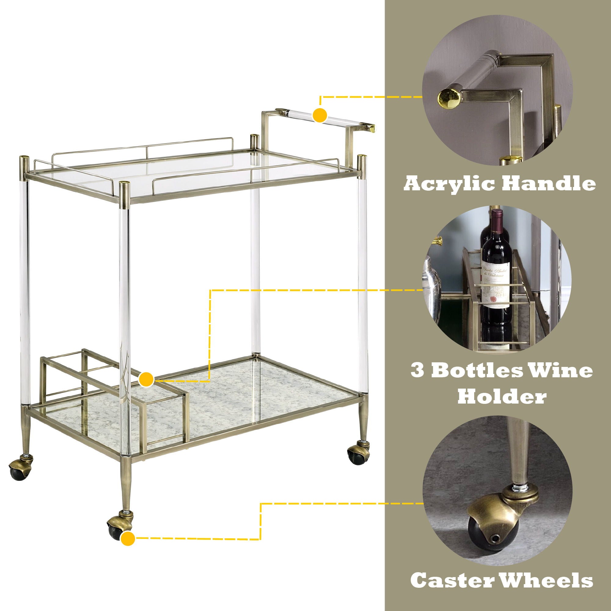 Cirro - Antique Mirror Wire Brass Serving Cart - Antique Brass / White