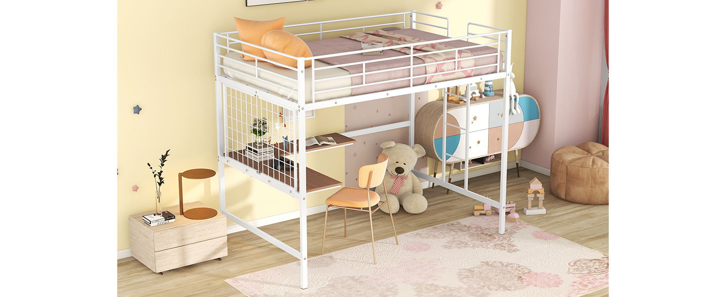 Full Loft Bed With Desk And Grid - White