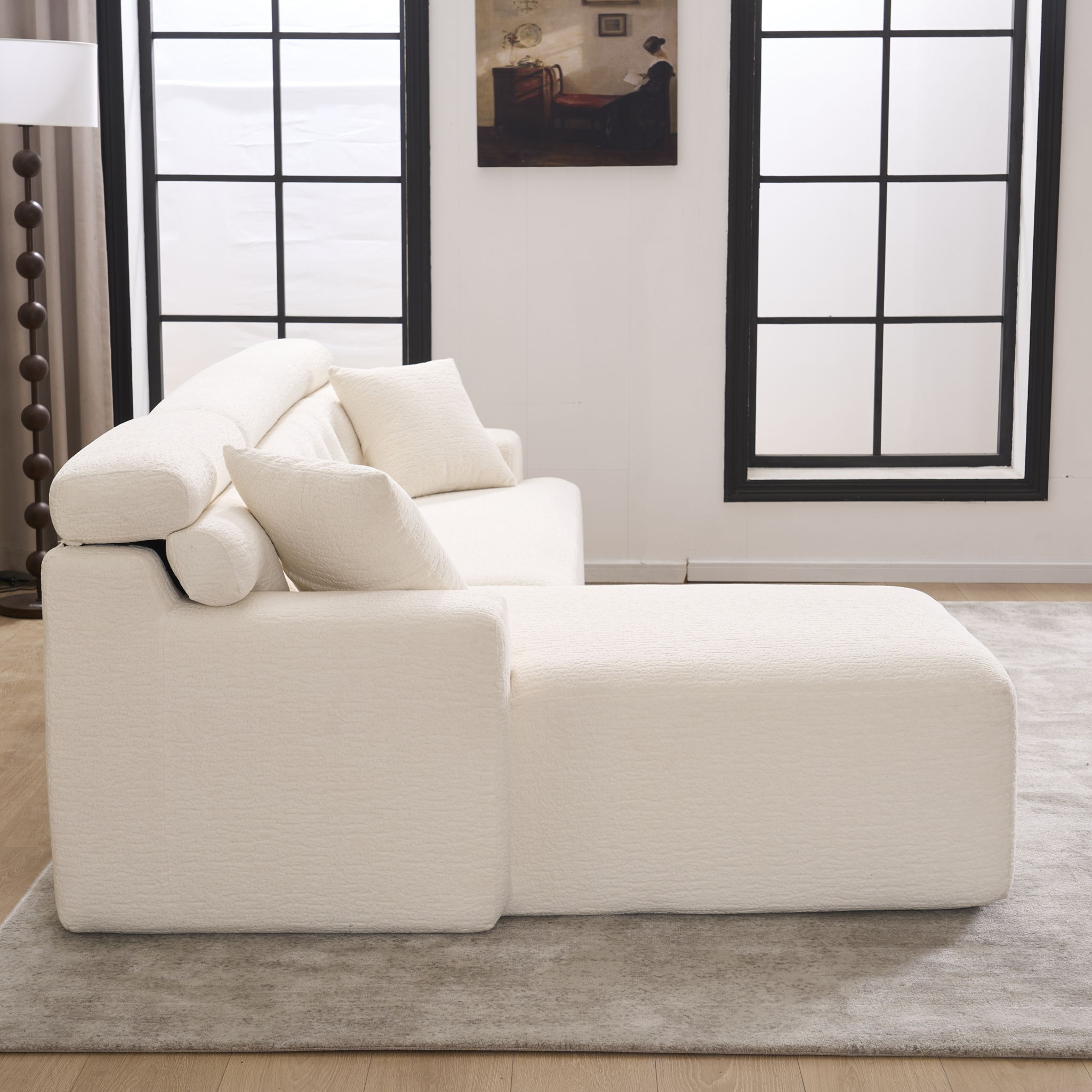 Ly 029B Convertible Chaise Sectional Sofa Full Compression Sponge Modular Couch Cloud 3 Seater Wood Grain Chenille 2 Pillows - Antique White