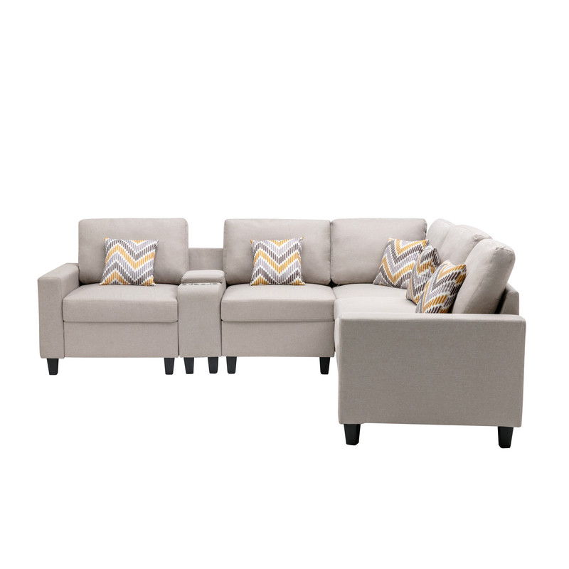 Nolan 106"W Beige Linen Fabric 6Pc Reversible Sectional Sofa with a USB, Charging Ports, Cupholders, Storage Console Table and Pillows and Interchangeable Legs