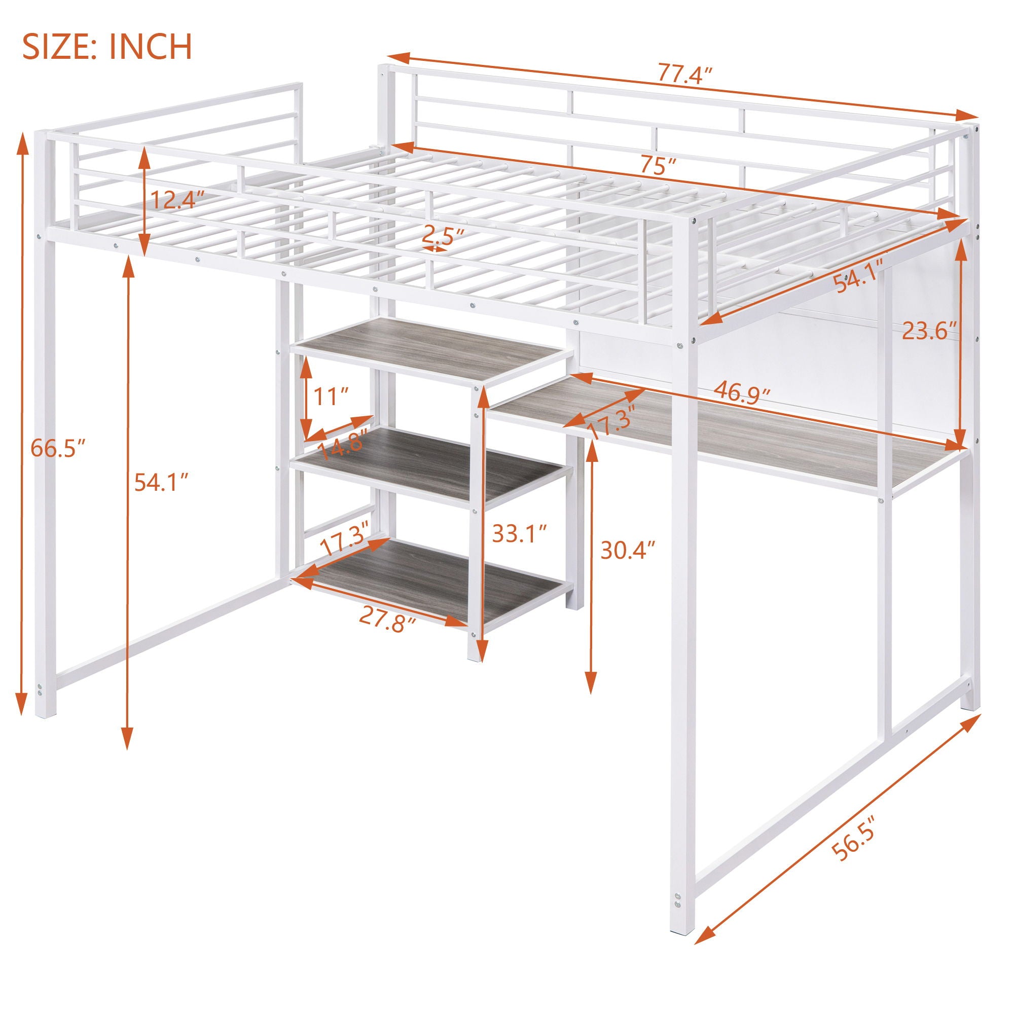 Metal Loft Bed With Desk, 3 Shelves And Ladder