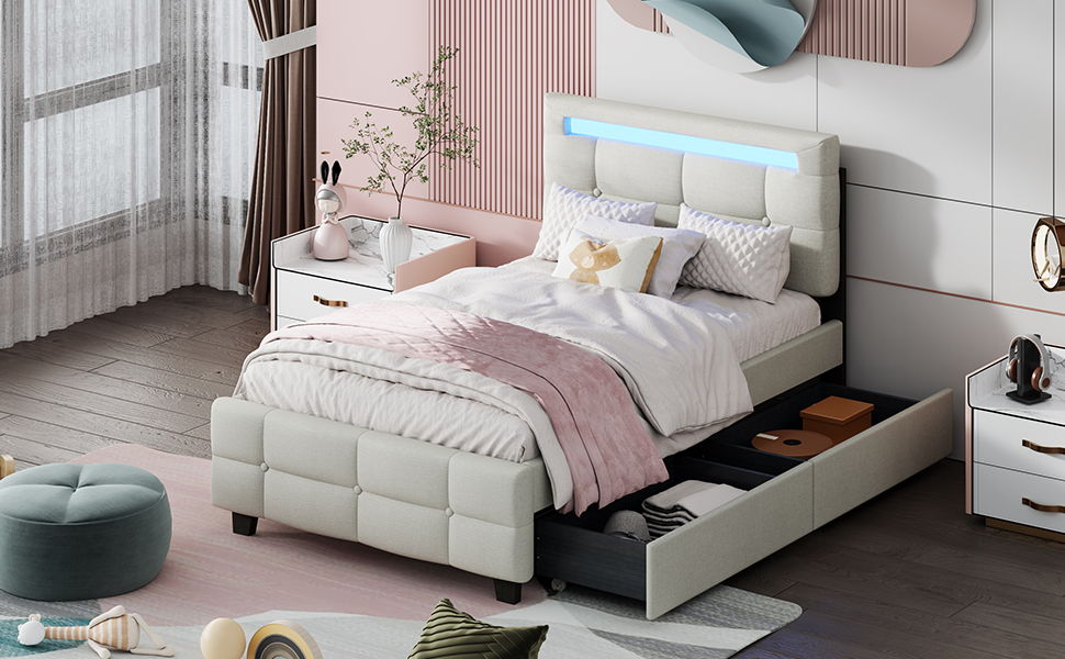 Upholstered Platform Bed With LED Frame, With Trundle And 2 Drawers