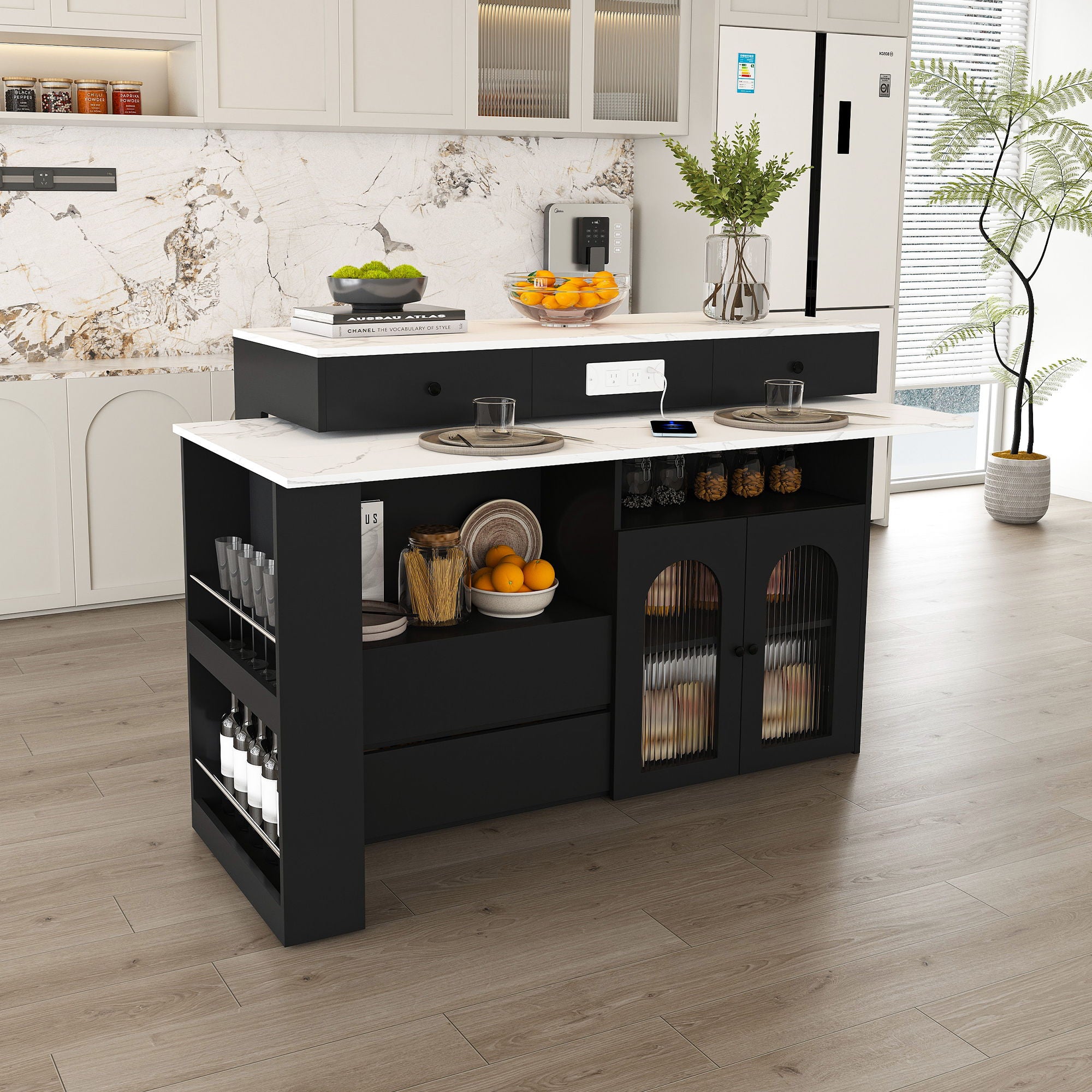 Kitchen Island With Extendable Rotating Table, 4 Drawers & Glass Door Cabinets, Built In Socket - Black