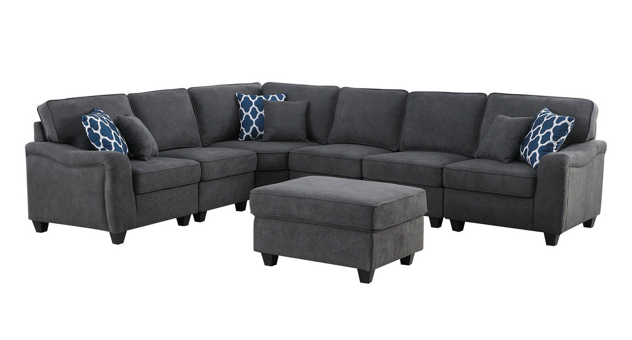 Leo 125"W Dark Gray Woven 7Pc Modular L-Shape Sectional Sofa and Ottoman