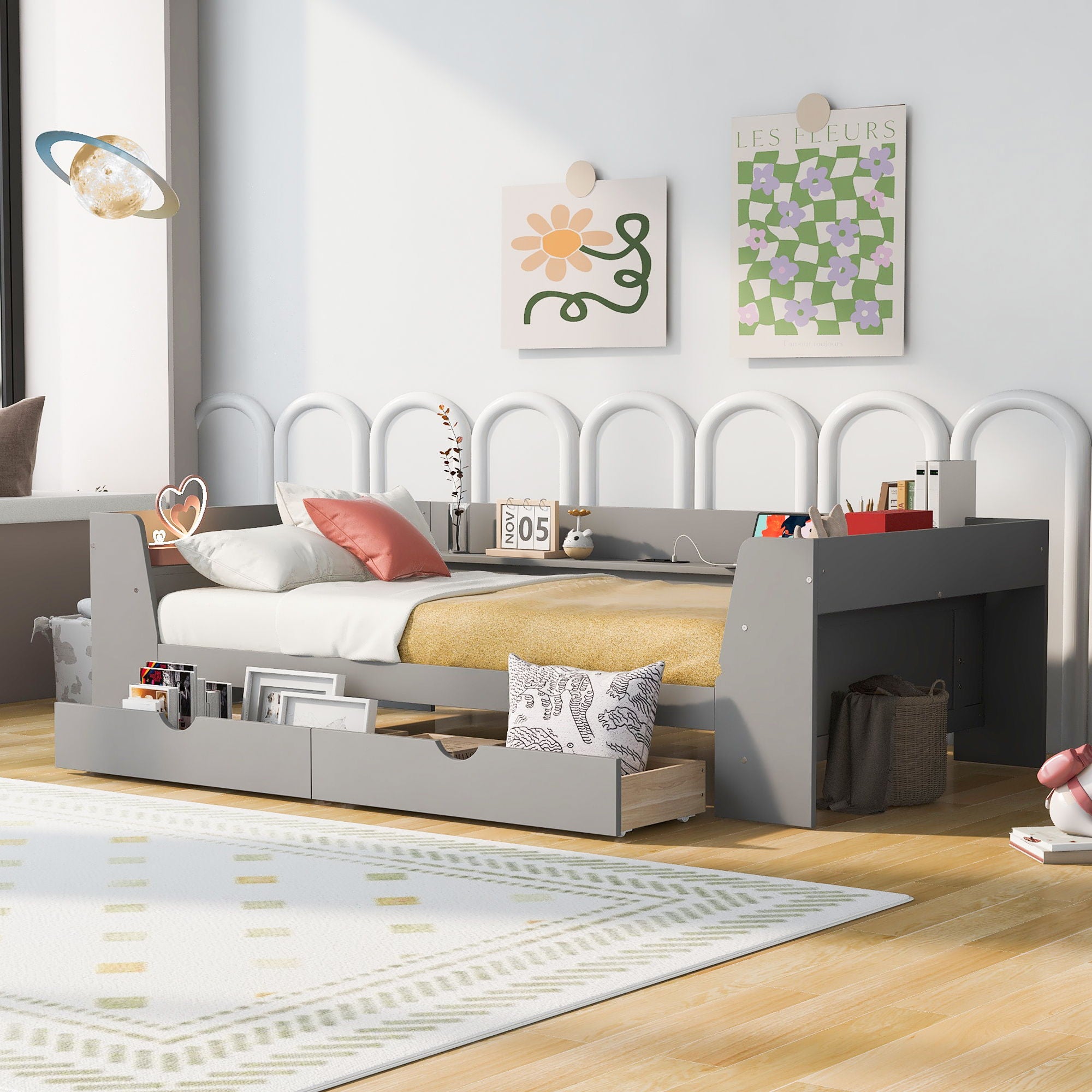 Daybed With Shelves, Drawers And Built In Charging Station