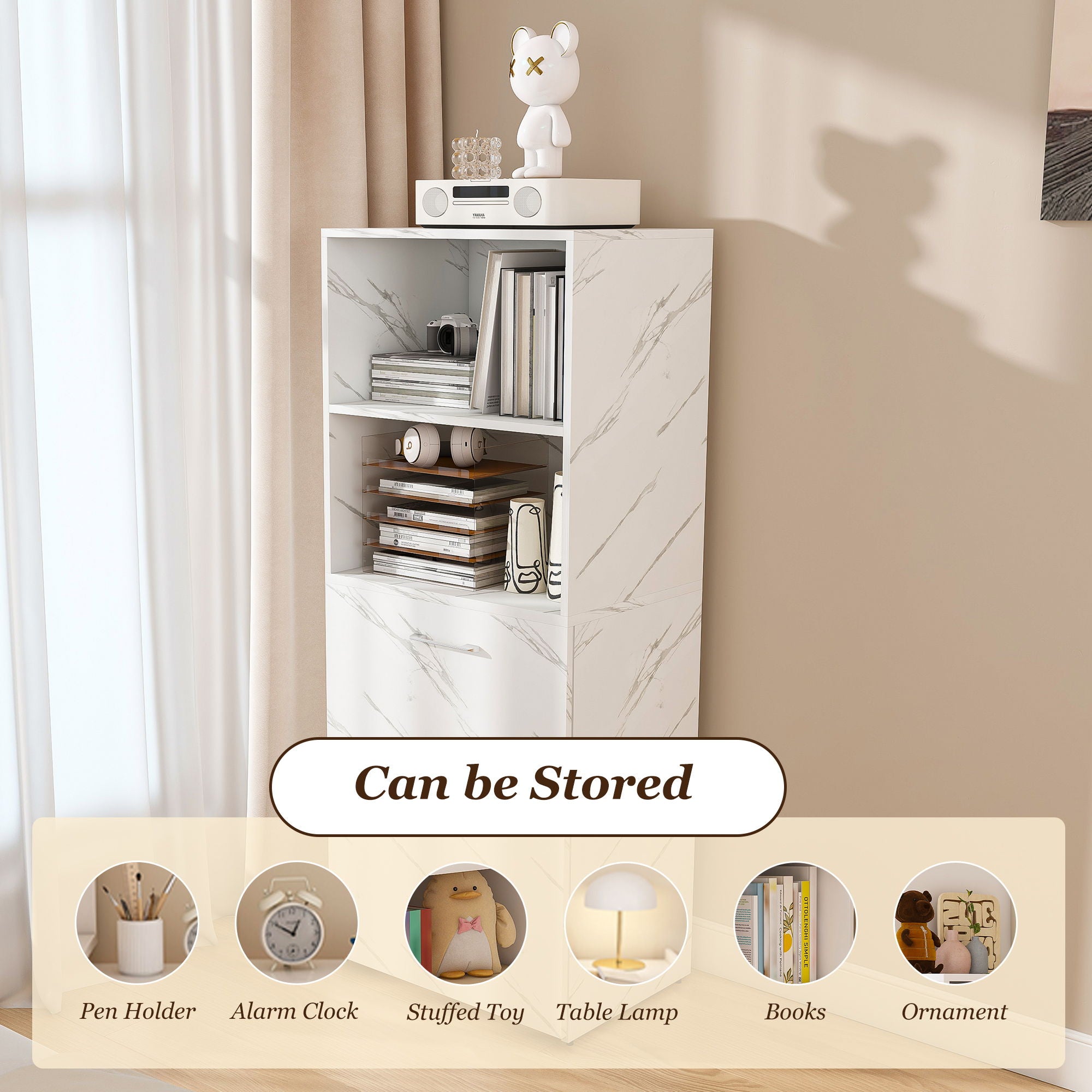 Stretchable Office Desk With Storage Shelves And Mobile Wheels, Foldable Design For Small Apartments - White Marble