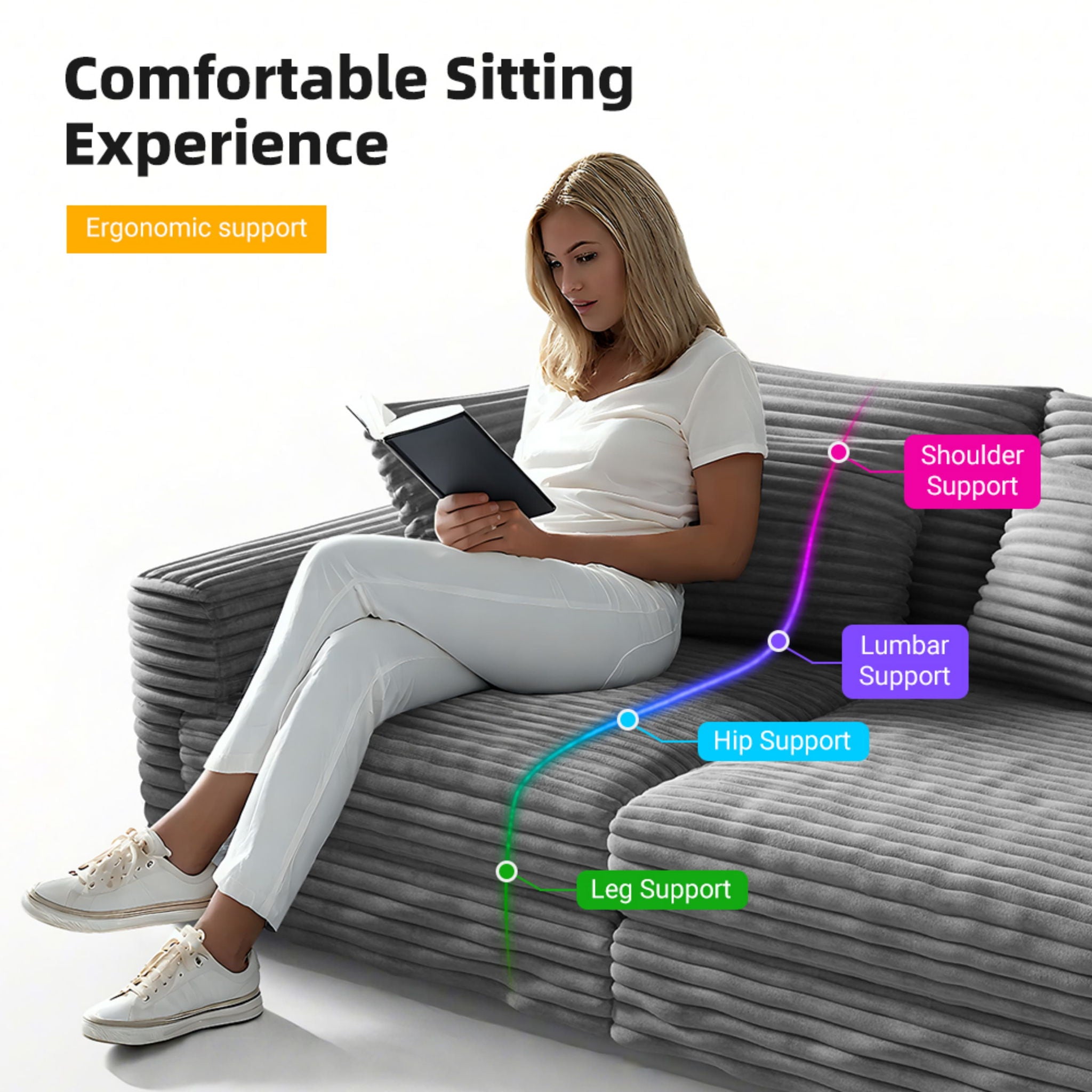 Plush Corduroy 4 Seat Sofa, Modern Comfy Upholstered Sofa Cloud Couch, Deep Seat Couches With Soft Pillows