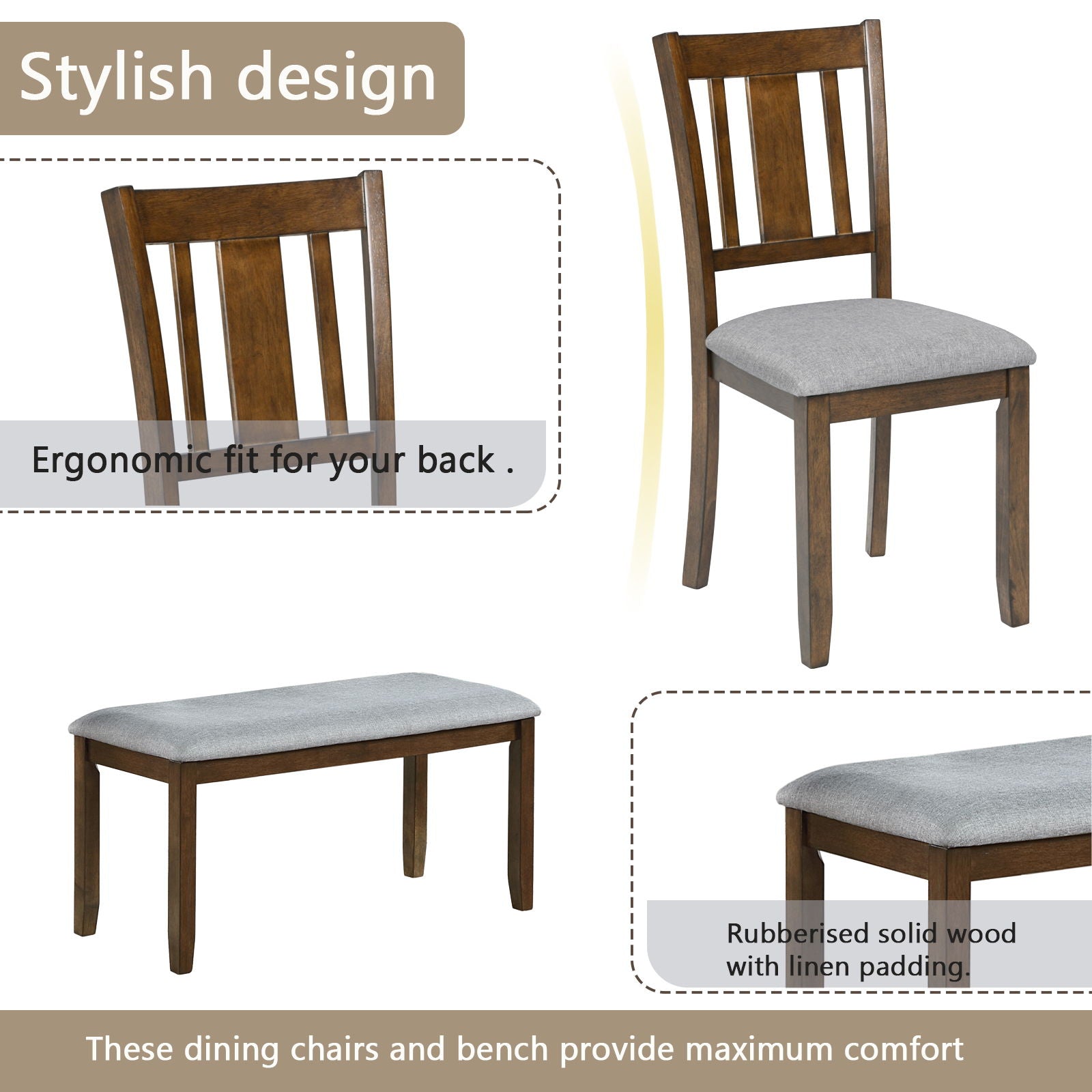 6 Pieces Kitchen Dining Set, Rectangular Wooden Dining Table With 4 Upholstered Chairs And A Bench