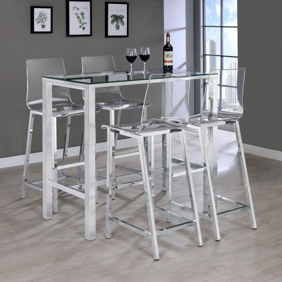 Coaster Fine Furniture Tolbert - 5 Piece Bar Set With Acrylic Chairs - Clear And Chrome | Meri Furniture