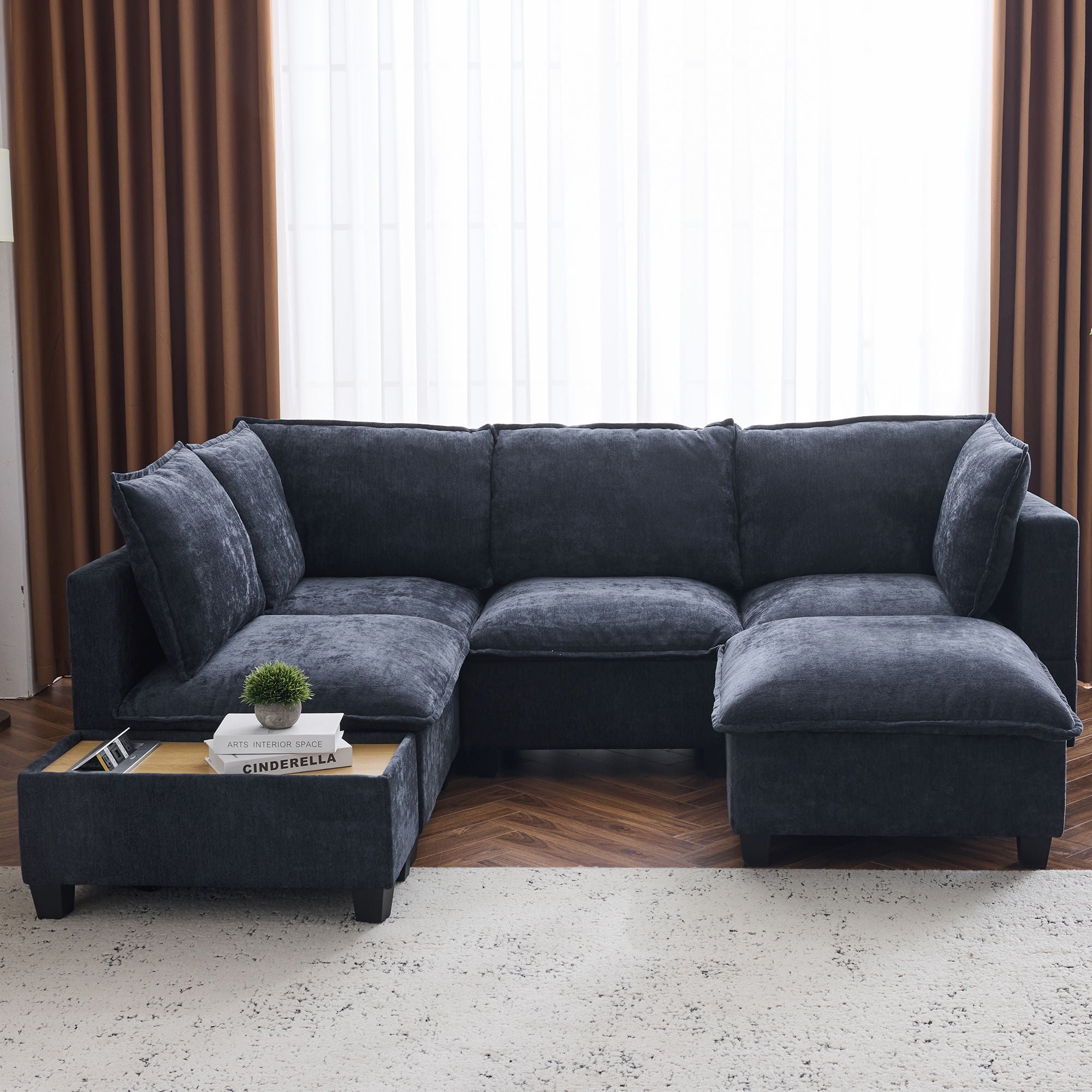 U-Shaped Sectional Modular Sofa With A Movable Ottoman, A Coffee Table With Hidden Charging Devices For Living Room