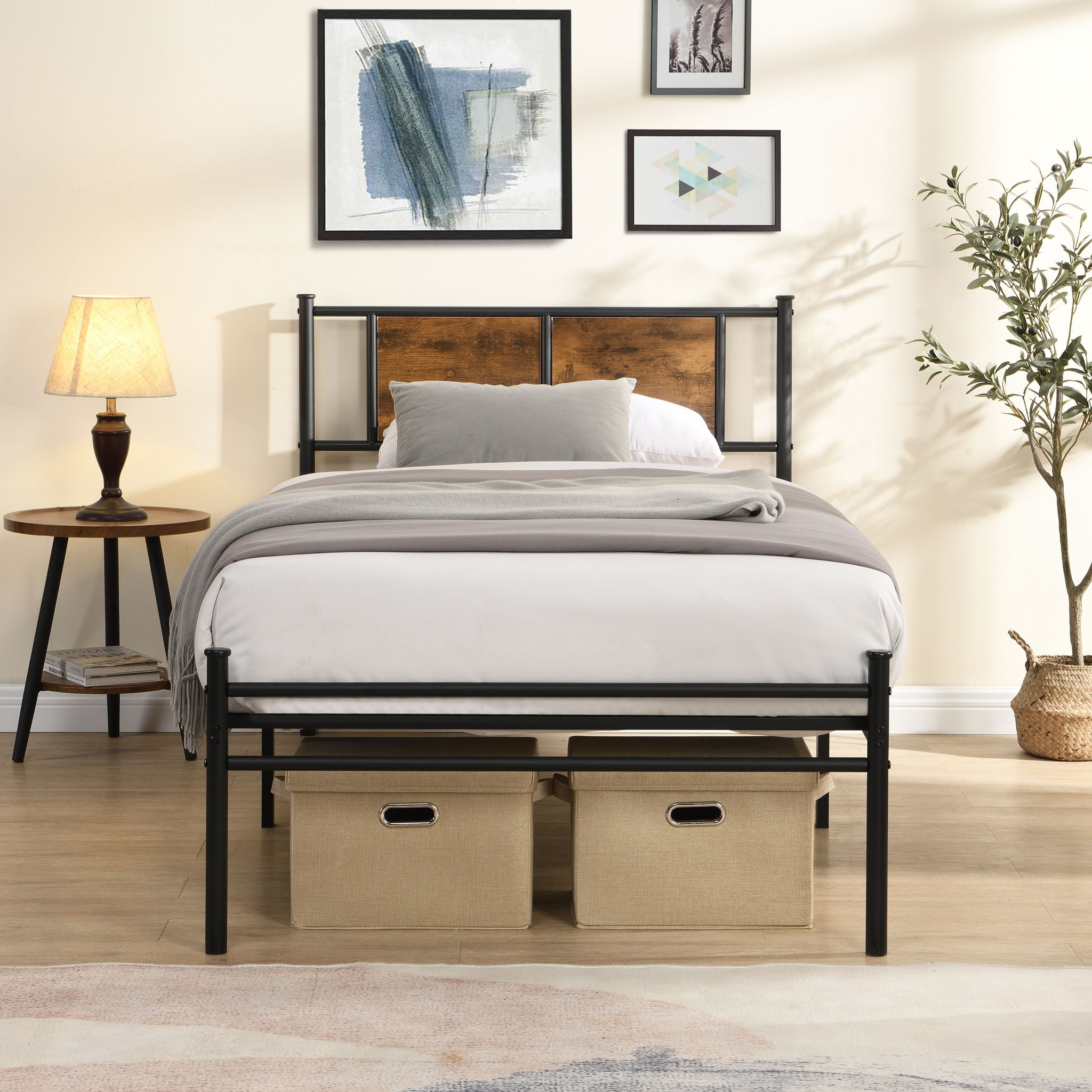 Modern Metal Bedframe With Headboard, Durable Steel Structure