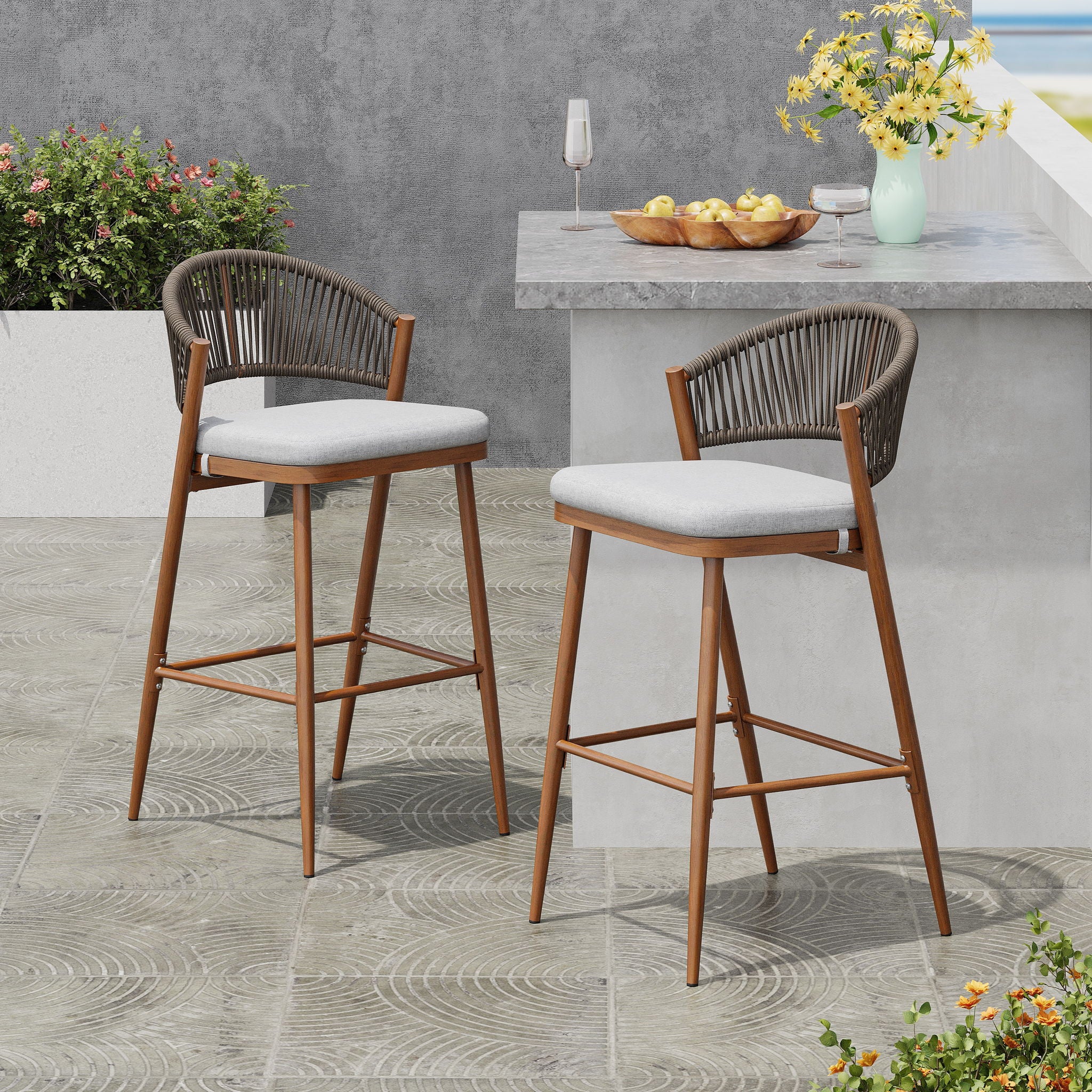 Outdoor Bar Height Metal Frame Counter Stools With Scallop Shaped Backrest & Water Resistant Cushions