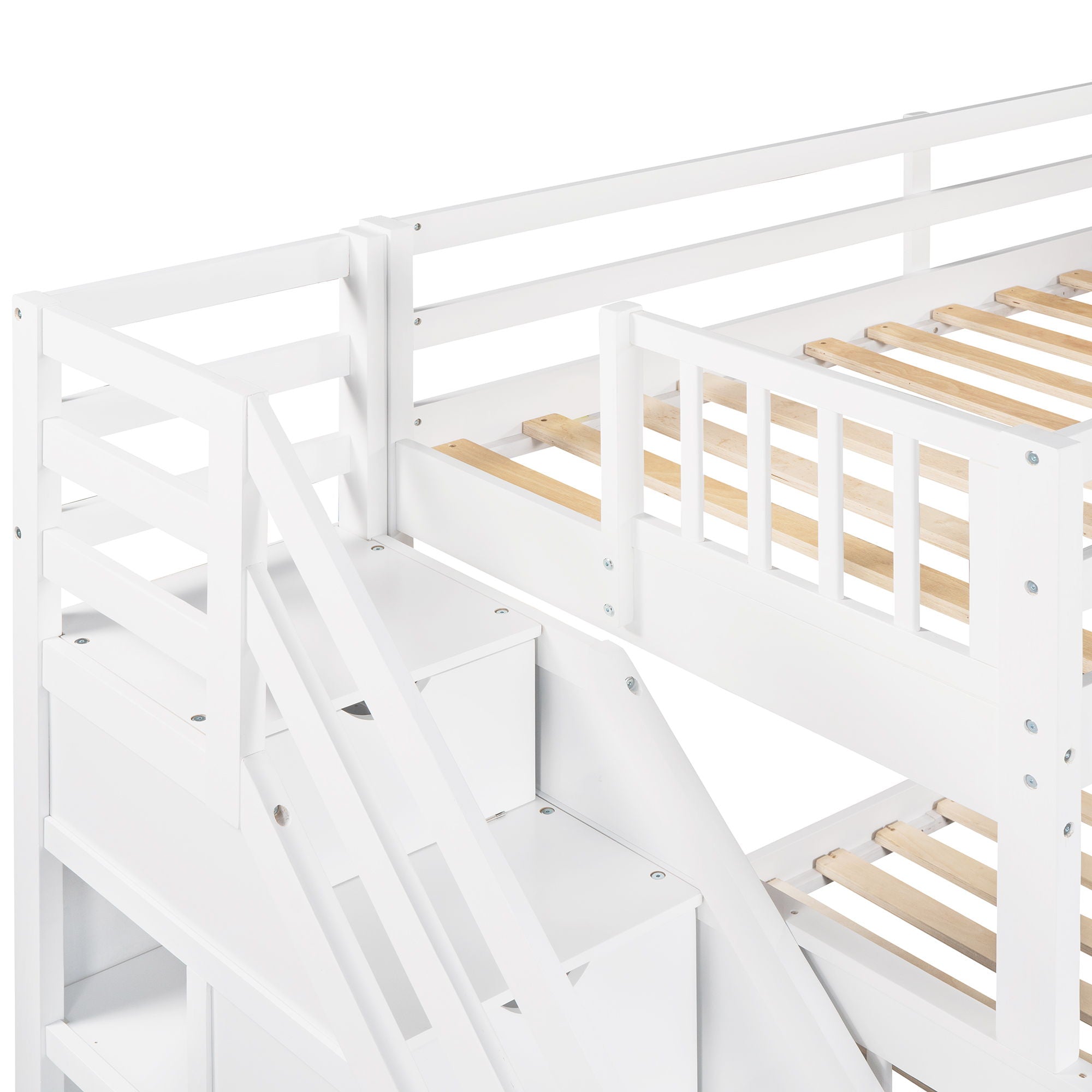 Solid L Shaped Bunk Bed With 3 Drawers, Ladder And Staircase
