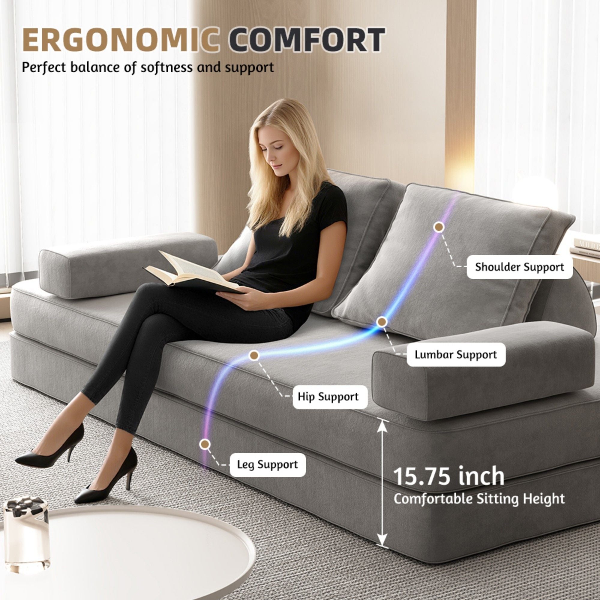 Multifunctional Convertible Sofa Bed With 2 Tumbler Backrests And 2 Pillows, Deep Seat Couch