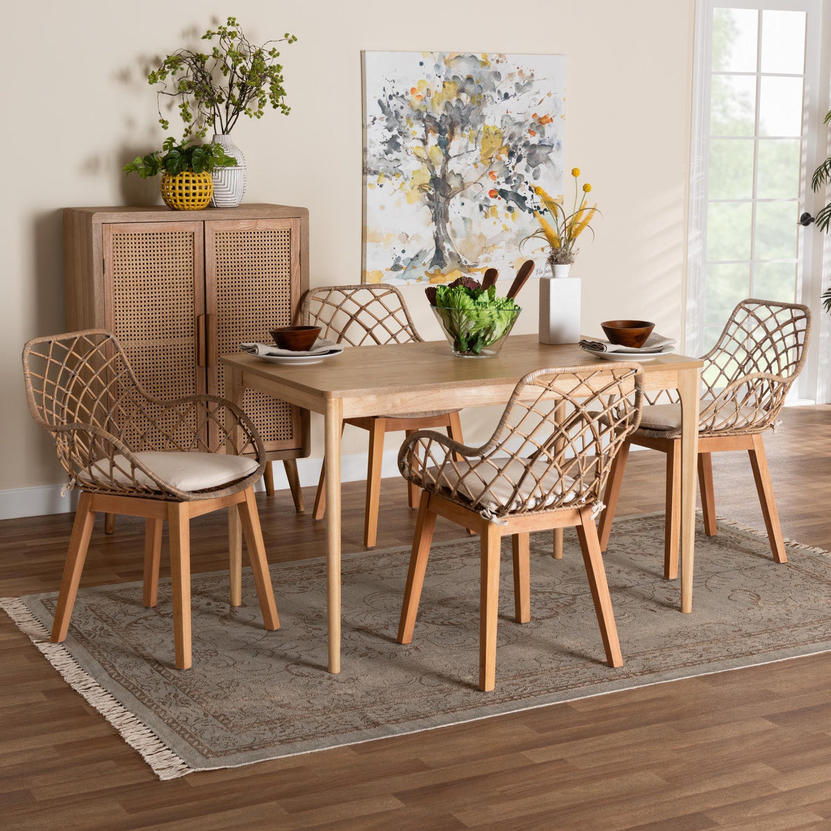 Ballerina Modern Bohemian Greywashed Rattan and Natural Brown Finished Mahogany Wood 5-Piece Dining Set