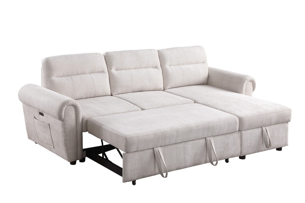 Hugo 97"W Beige Chenille Reversible Sleeper Sectional Sofa Chaise with USB Charger, Phone/Magazine Pockets