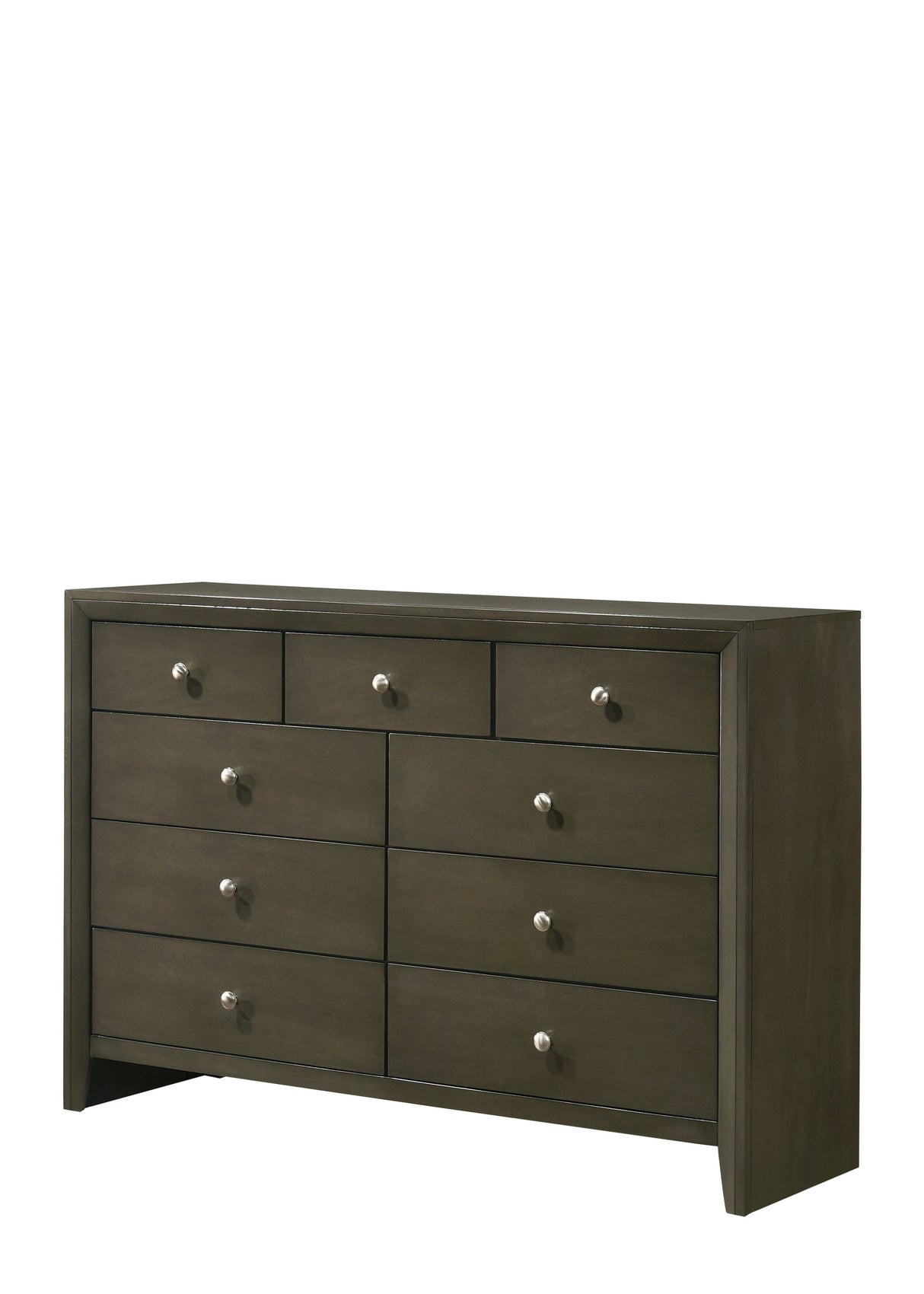 This Ilana contemporary 9 drawers dresser is brown cherry finish with English dovetail with center metal glides. The clean finish top is easy to wipe. The knob hardware accentuates nine drawers that offer much convenience for use.