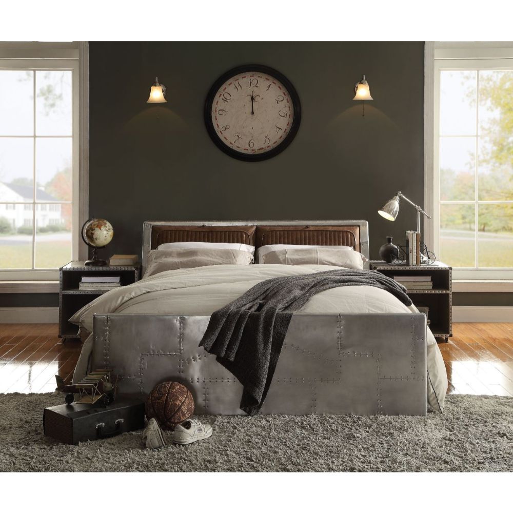 ACME Brancaster - Queen Bed - Retro Brown Top Grain Leather & Aluminum | Meri Furniture