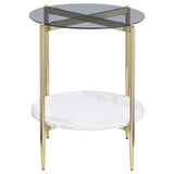 Jonelle - Round Glass Top End Table White Marble Shelf Gold - Smoke