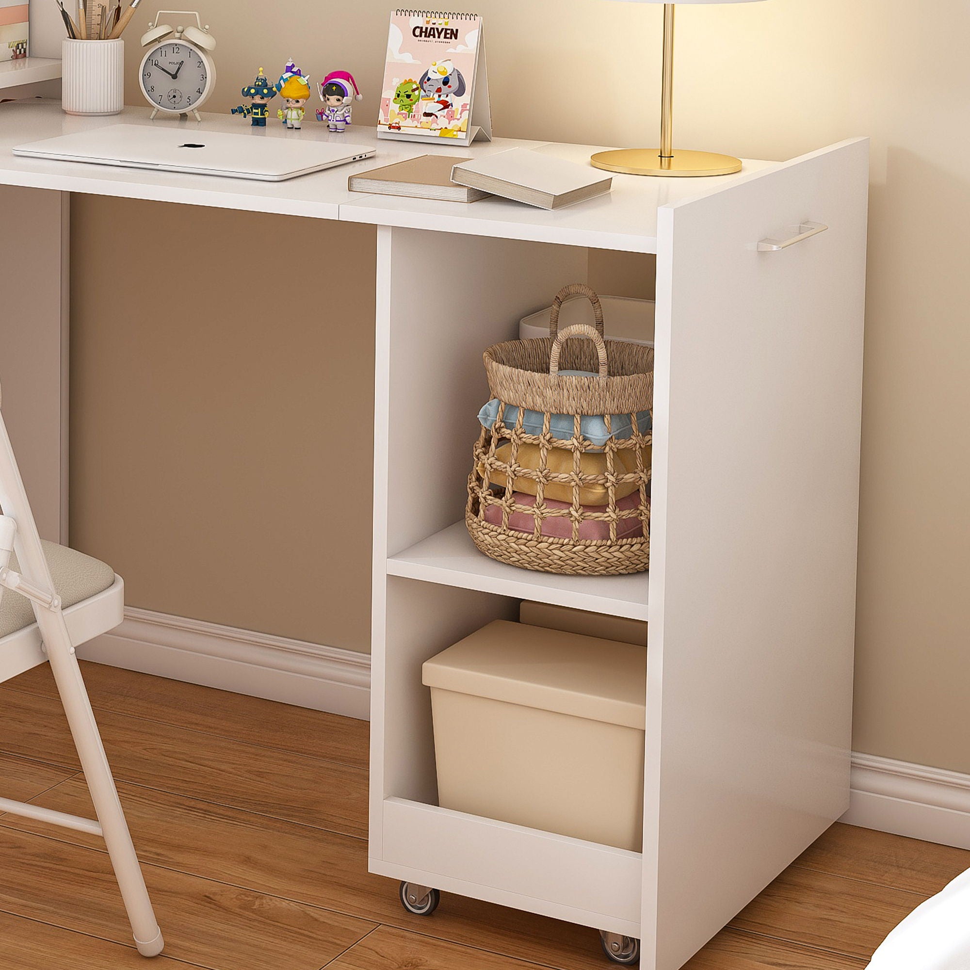 Stretchable Office Desk With Storage Shelves And Mobile Wheels