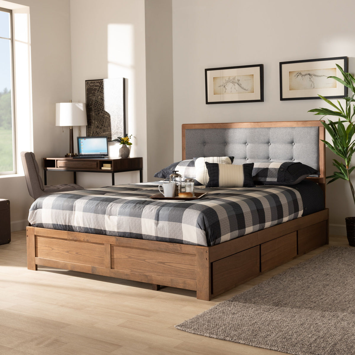 Lene Modern and Contemporary Transitional Dark Grey Fabric Upholstered and Ash Walnut Brown Finished Wood King Size 3-Drawer Platform Storage Bed