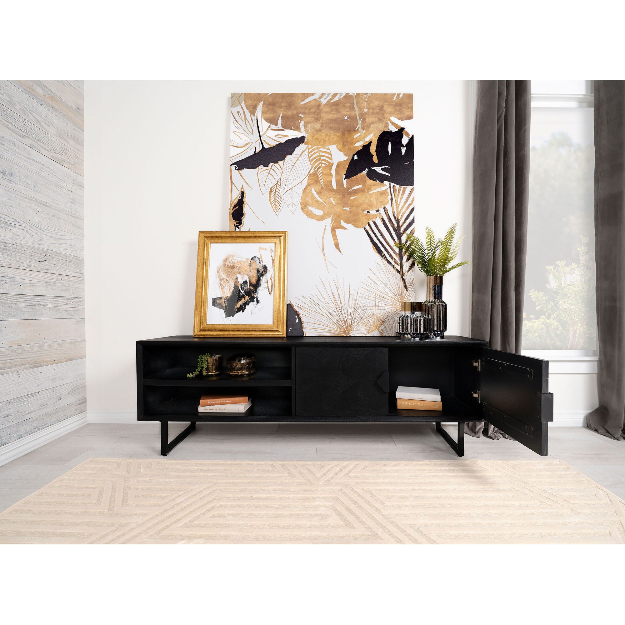 Manaya - 2 Door Stand With Open Shelving And Hidden Storage - Charcoal Black