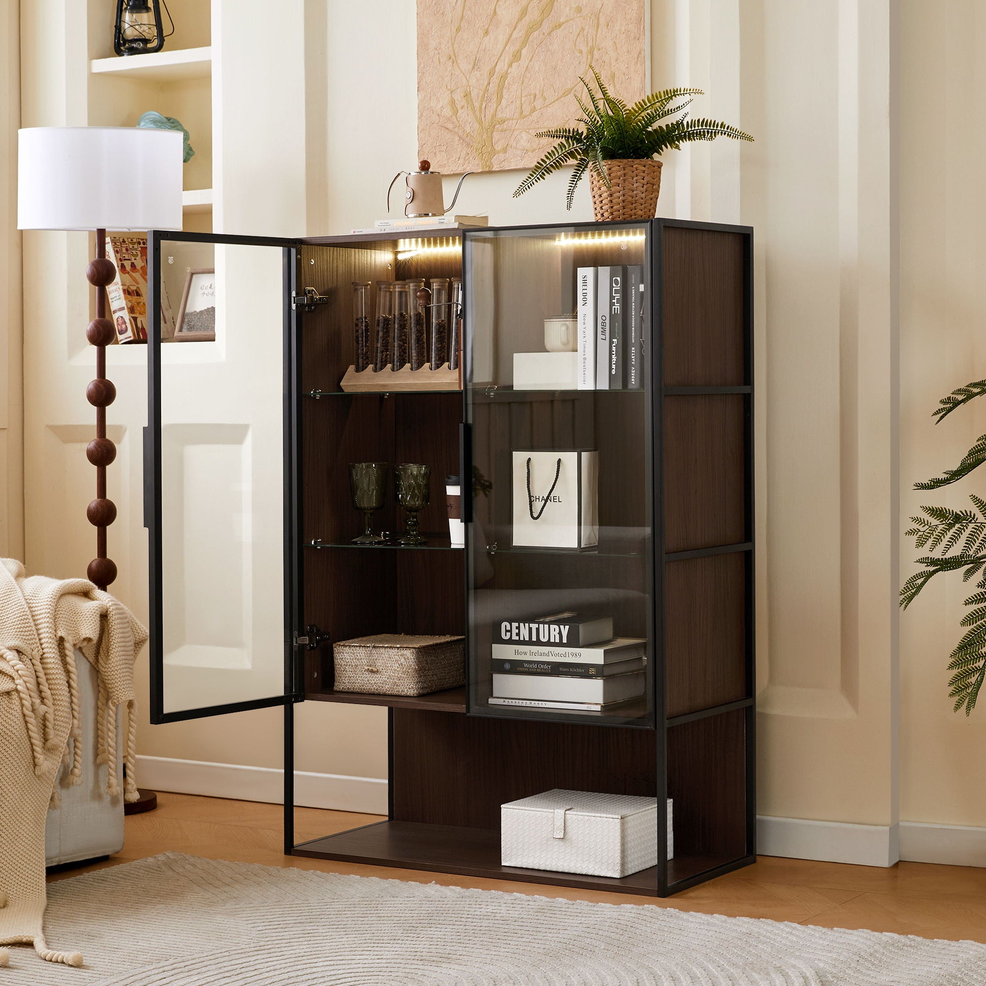 Modern Minimalist Tall Lighted Display Cabinet With Tempered Glass Door - Black / Dark Walnut