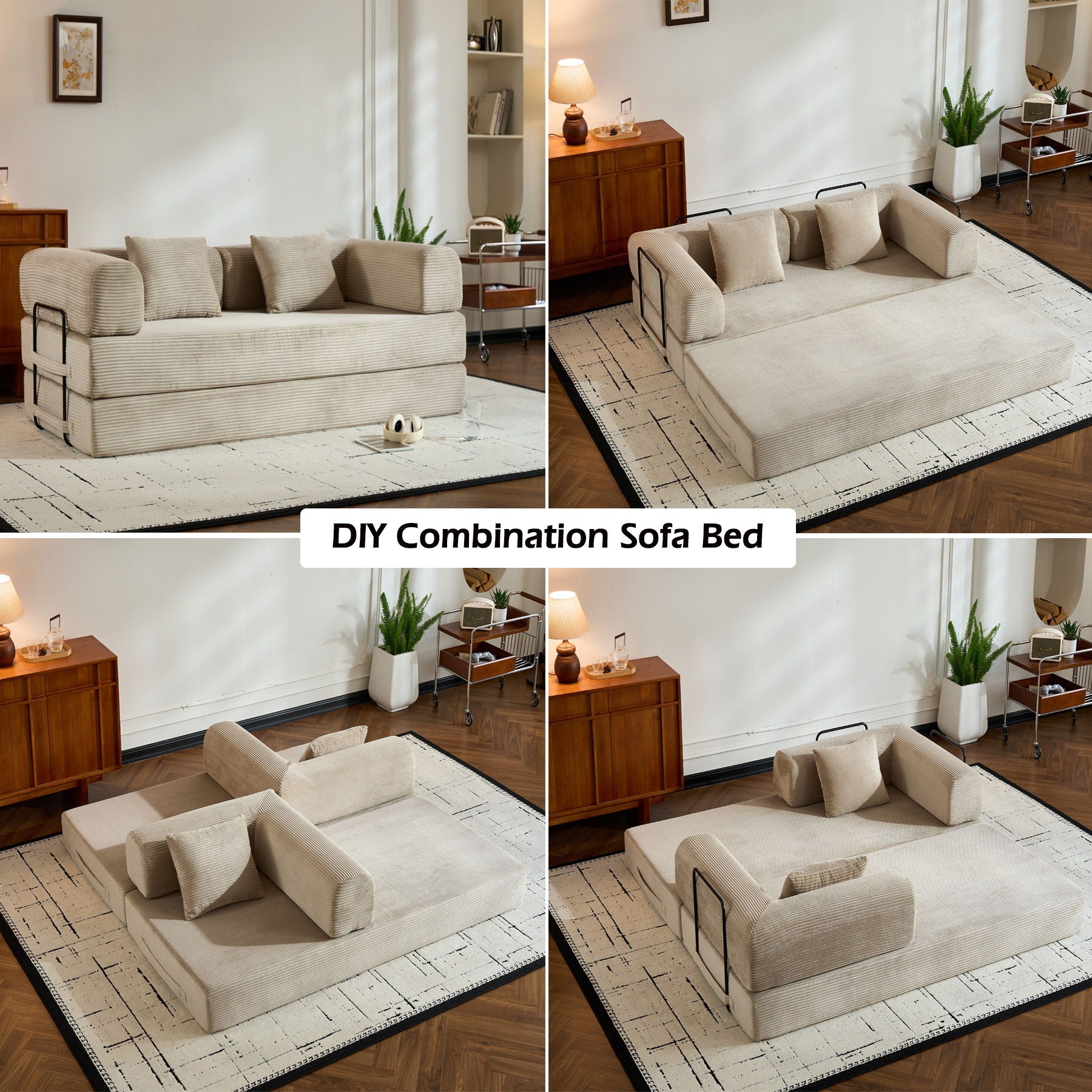 Convertible Sleeper Sofa Bed With Cylindrical Pillow, With Fixed Shape Frame