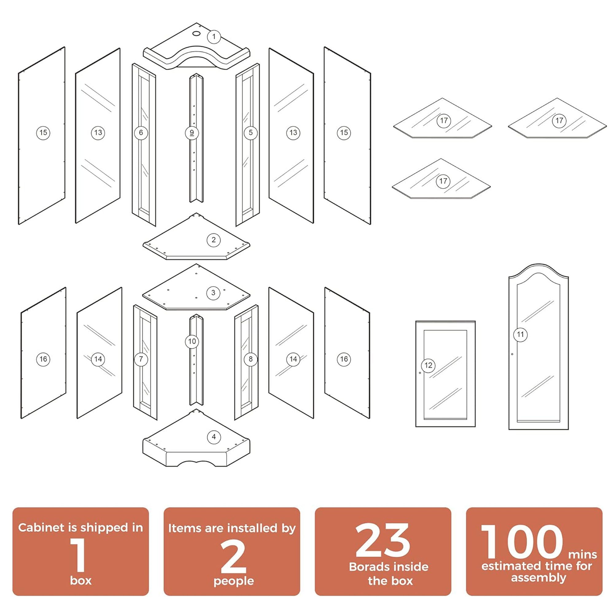 Corner Curio Cabinet With Lights, Adjustable Tempered Glass Shelves, Mirrored Back, Display Cabinet (E26 Light Bulb Not Included) - Walnut