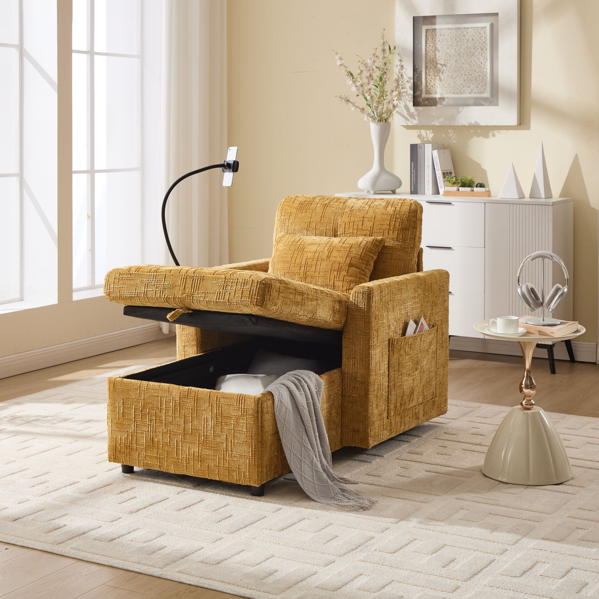 Multifunctional Chenille Recliner Sofa With Storage And Phone Bracket
