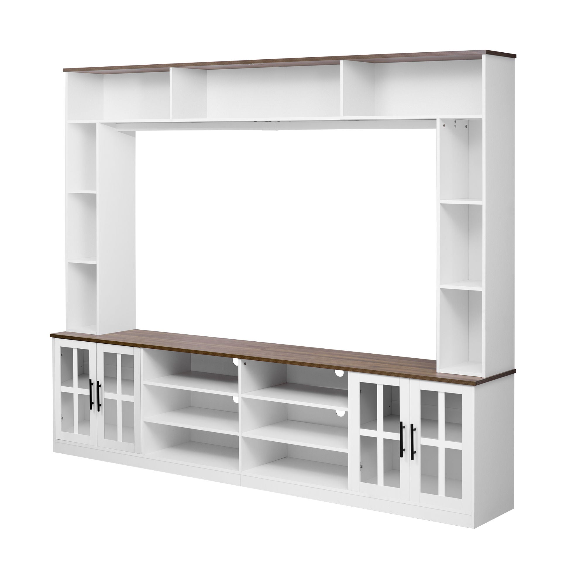 Wall Unit Entertainment Center With Bookshelves For TVs Up To 80", Tempered Glass Doors And Adjustable Shelves