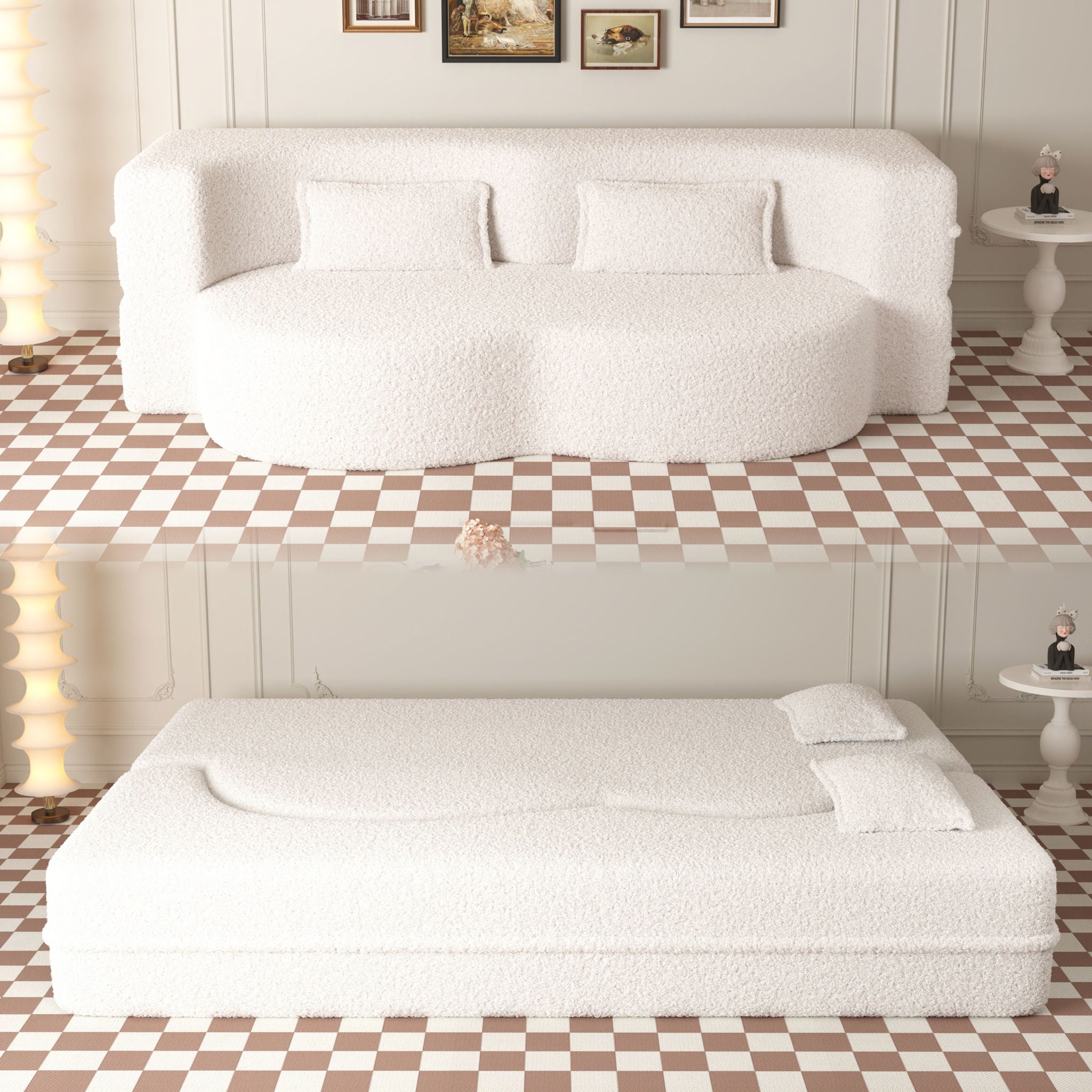 Modern Floor Sofa, With 2 Pillows, Convertible Teddy Fabric Foam Filled Bed