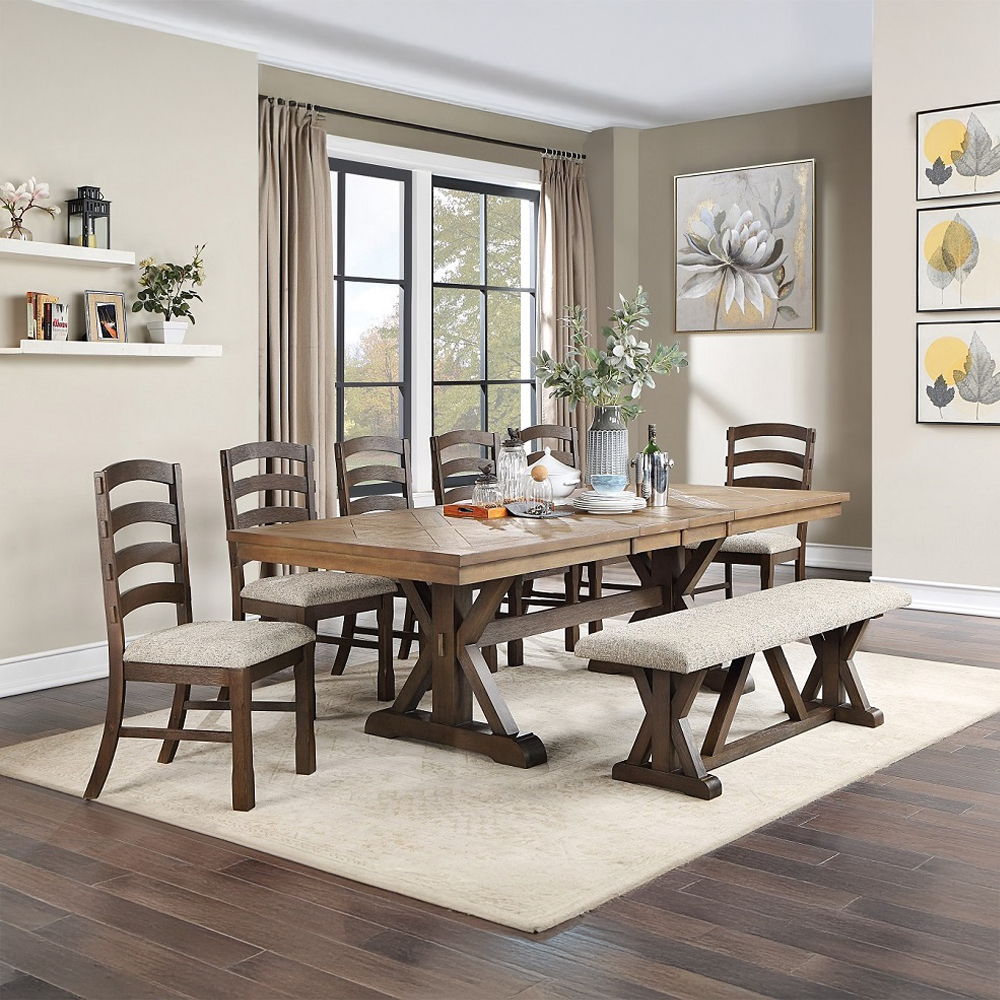 Pascaline - Dining Table - Gray Fabric, Rustic Brown & Oak