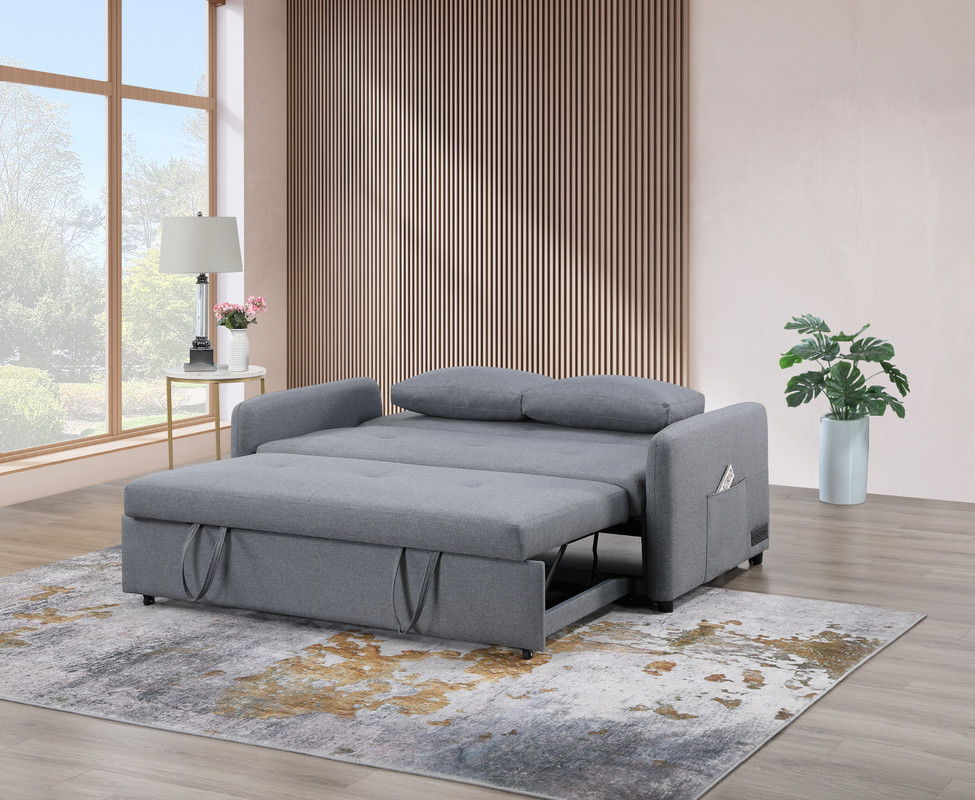 Radella 69"W Gray Linen Convertible Sleeper Sofa with USB Ports, Power Sockets, Pockets, Pillows, Tufting